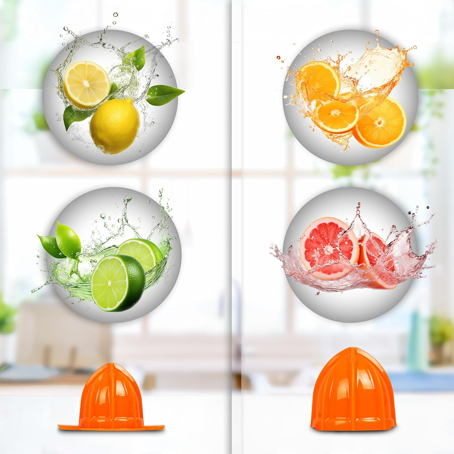 Cuatro imágenes de frutas y salpicaduras de jugo en burbujas, con un exprimidor de naranjas debajo.