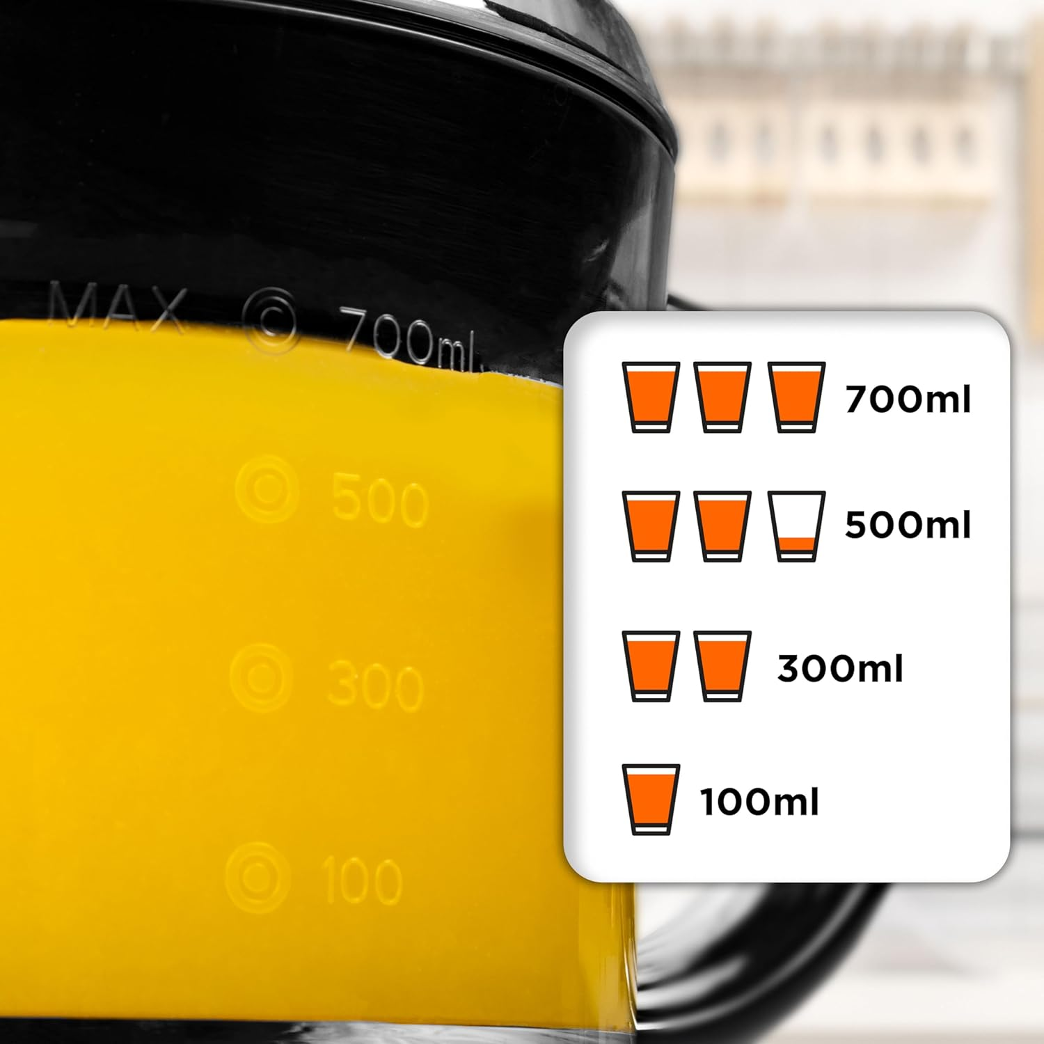 Jarra con líquido amarillo, marcada con niveles de 100ml, 300ml, 500ml y 700ml.