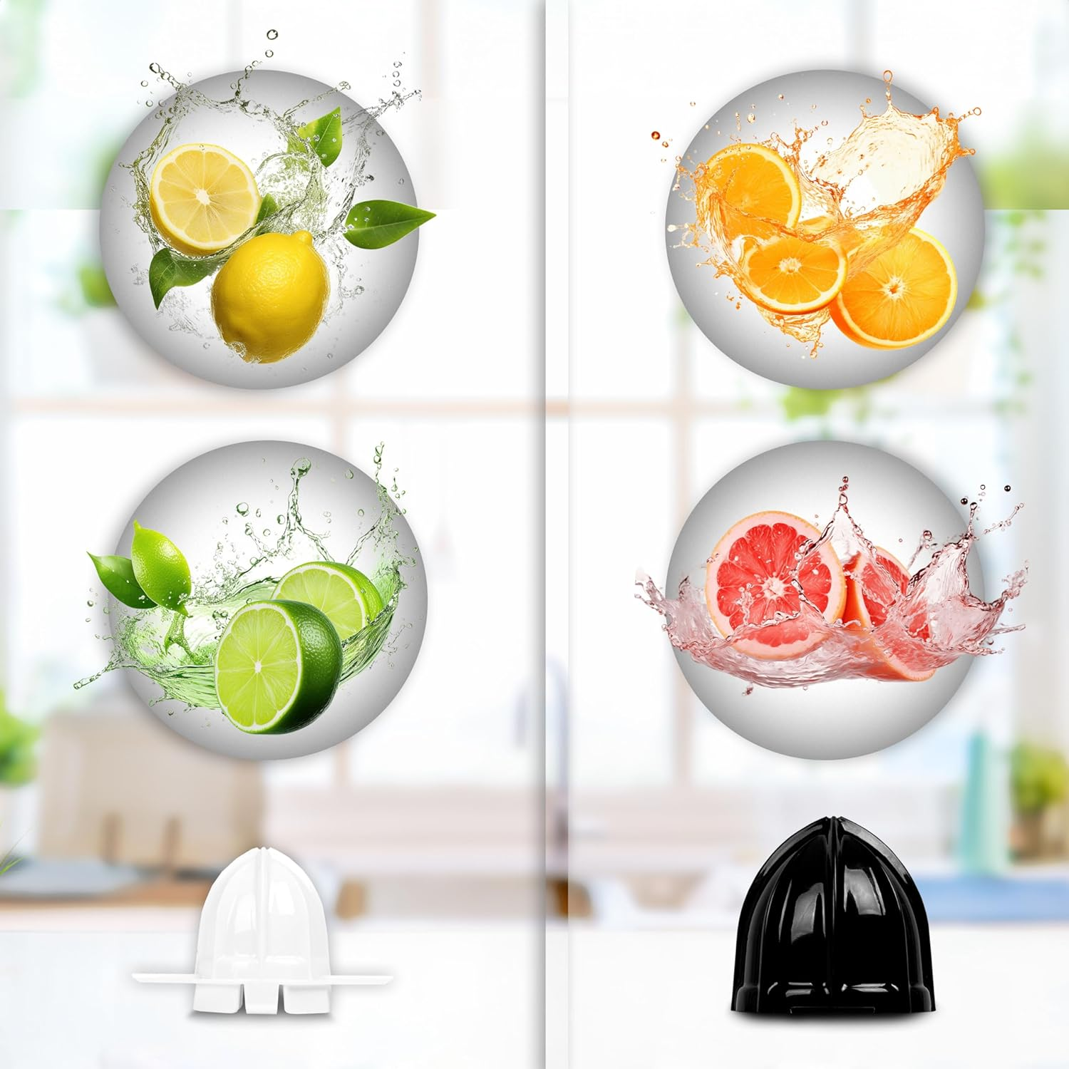 Limones, naranjas, limas y pomelos en salpicaduras de agua, con partes de exprimidor debajo.