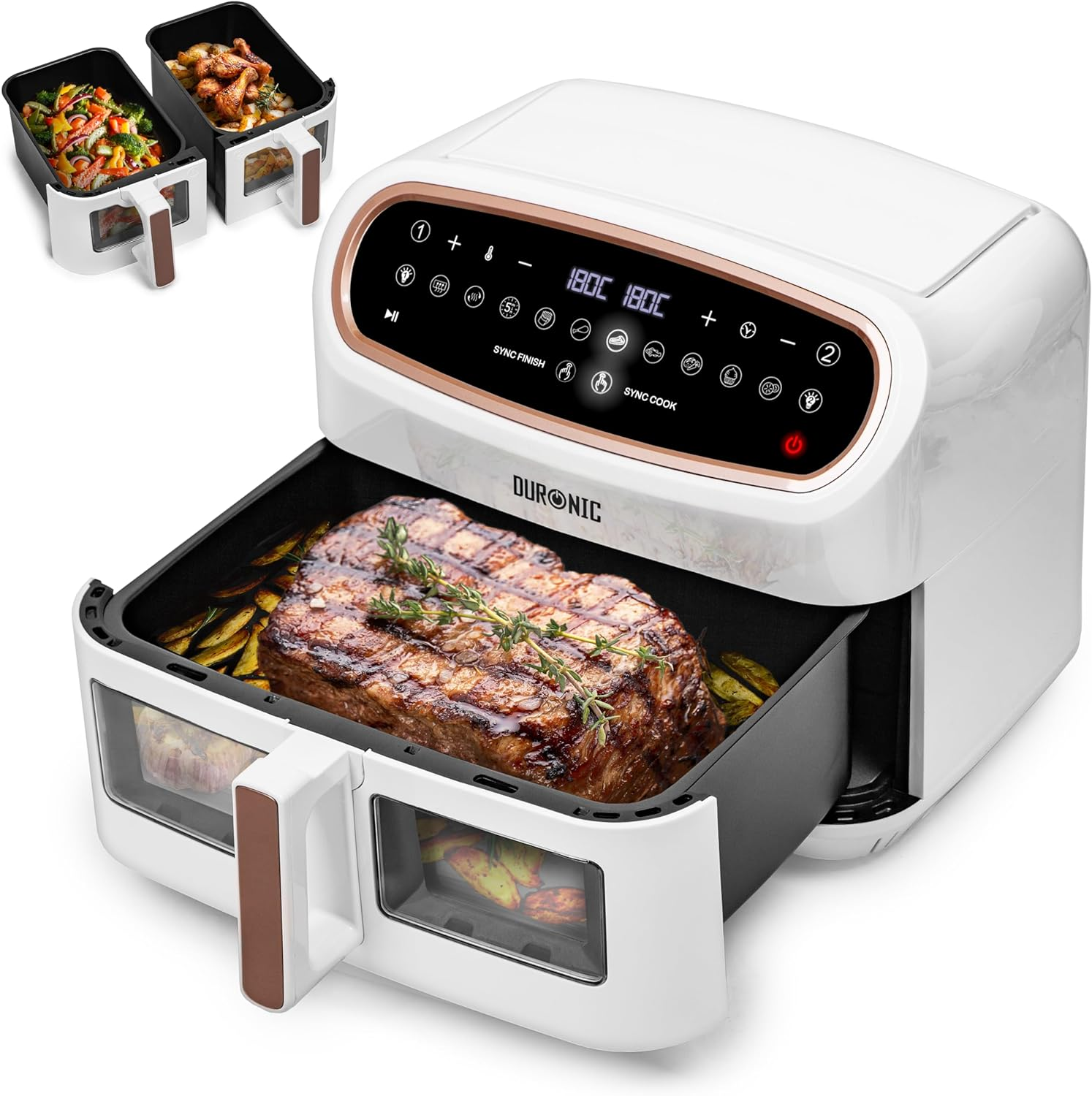 Weißer Airfryer mit Essen, Steak und Gemüse. Zusätzliche Tabletts mit Essen sind sichtbar.