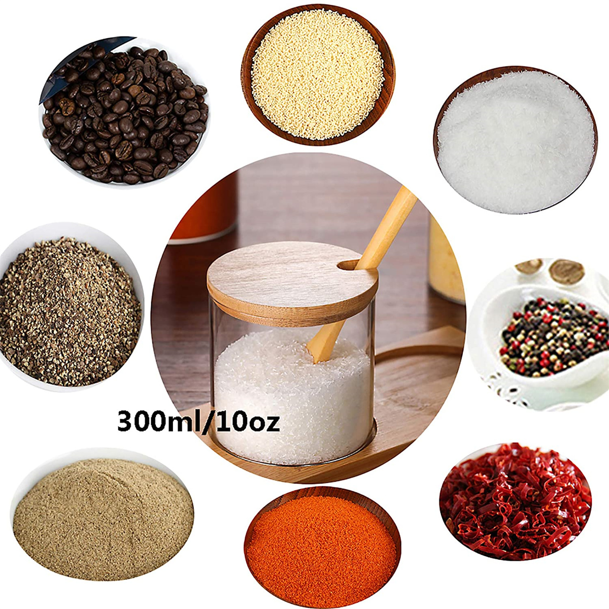 Verschiedene Gewürze in Gläsern. Kaffeebohnen, Salz, Pfeffer, Chiliflocken und andere Gewürze werden gezeigt.