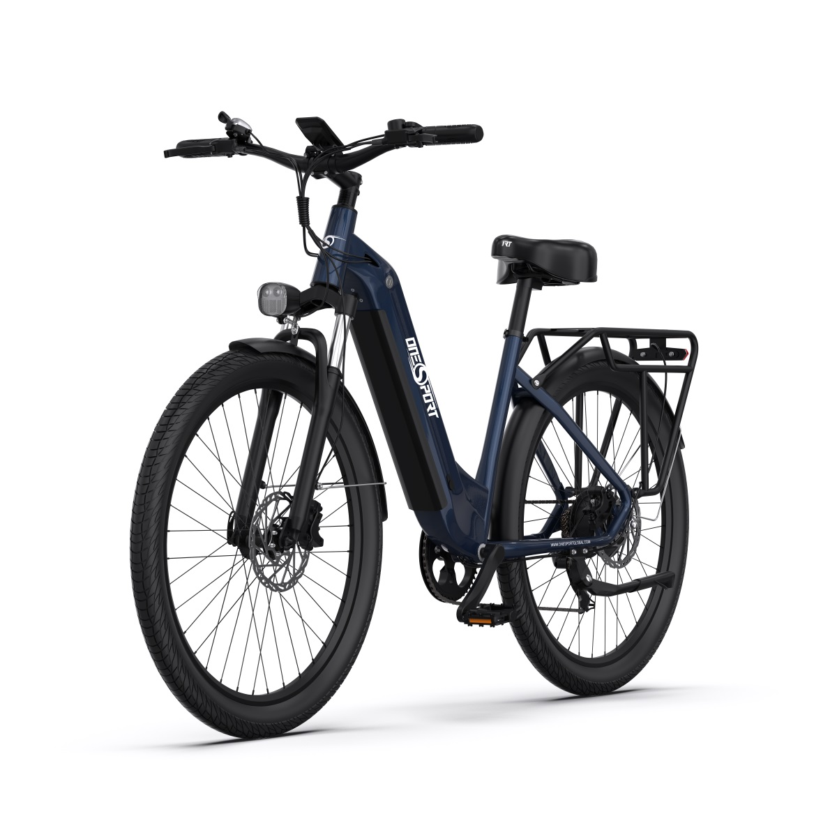 Bicicletta elettrica blu con pneumatici neri e portapacchi.