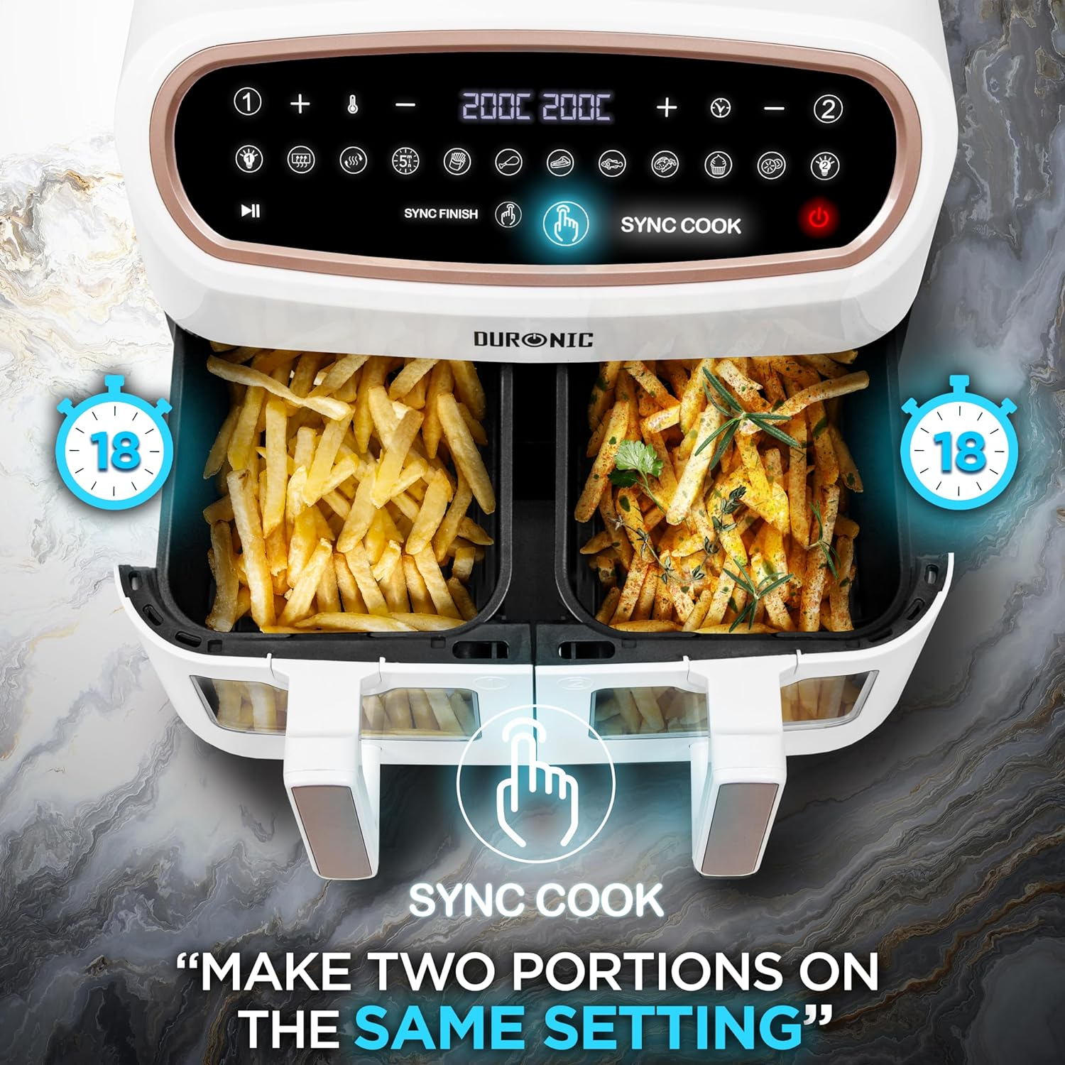 Eine Heißluftfritteuse mit zwei Fächern, je mit Pommes, und Sync-Kochfunktion.