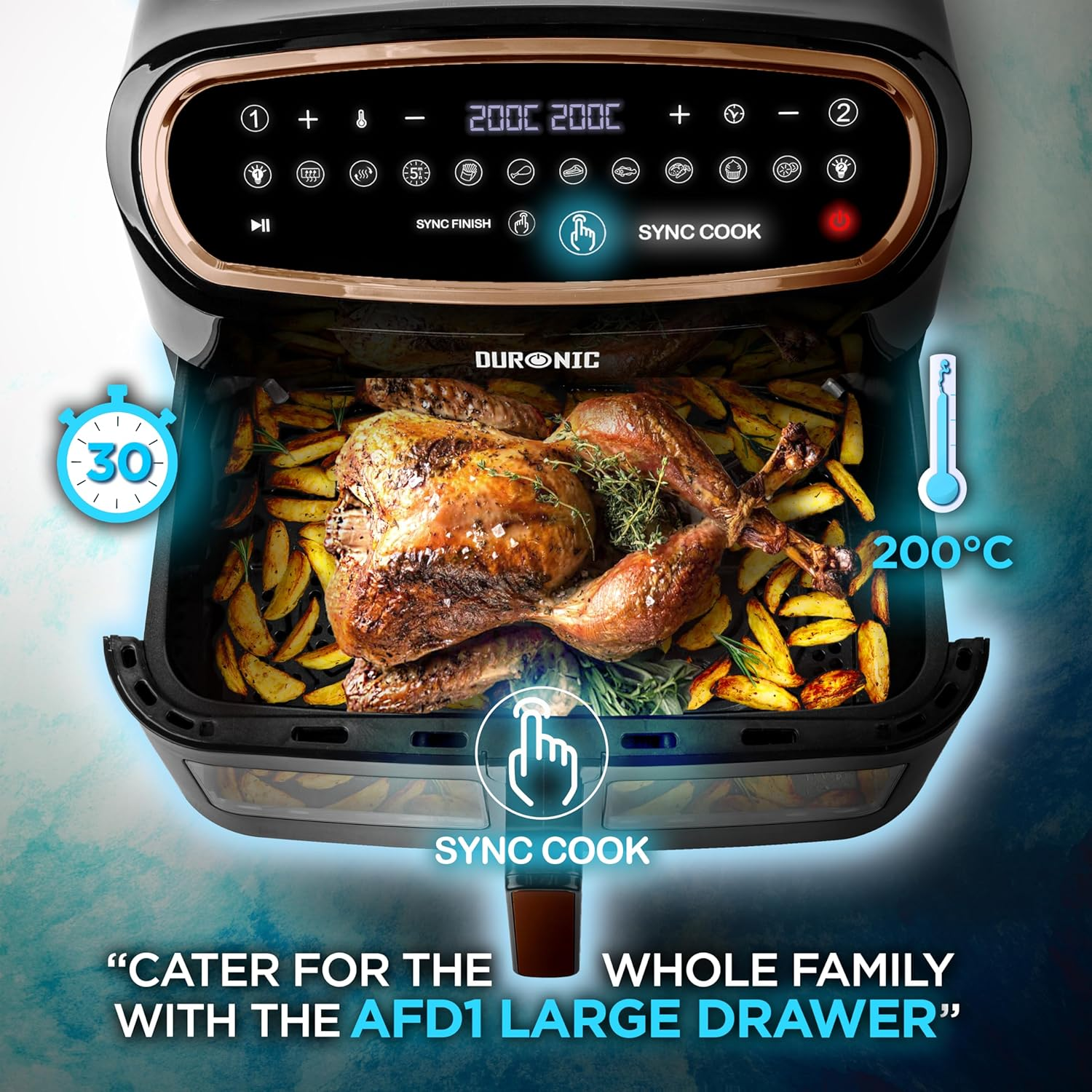 Heißluftfritteuse mit Brathähnchen und Kartoffeln. Digitale Bedienelemente, Temperatur- und Timeranzeige.