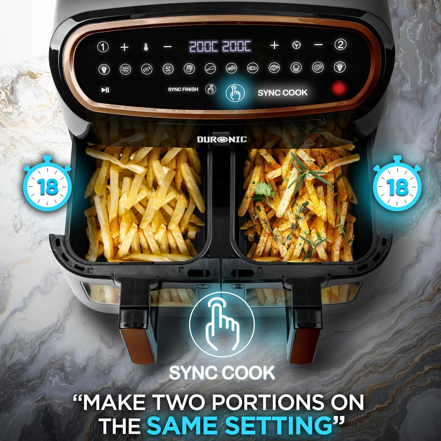 Heißluftfritteuse mit zwei Fächern, die Pommes enthalten. Sync Cook Text und Knöpfe sind sichtbar. Timer angezeigt.