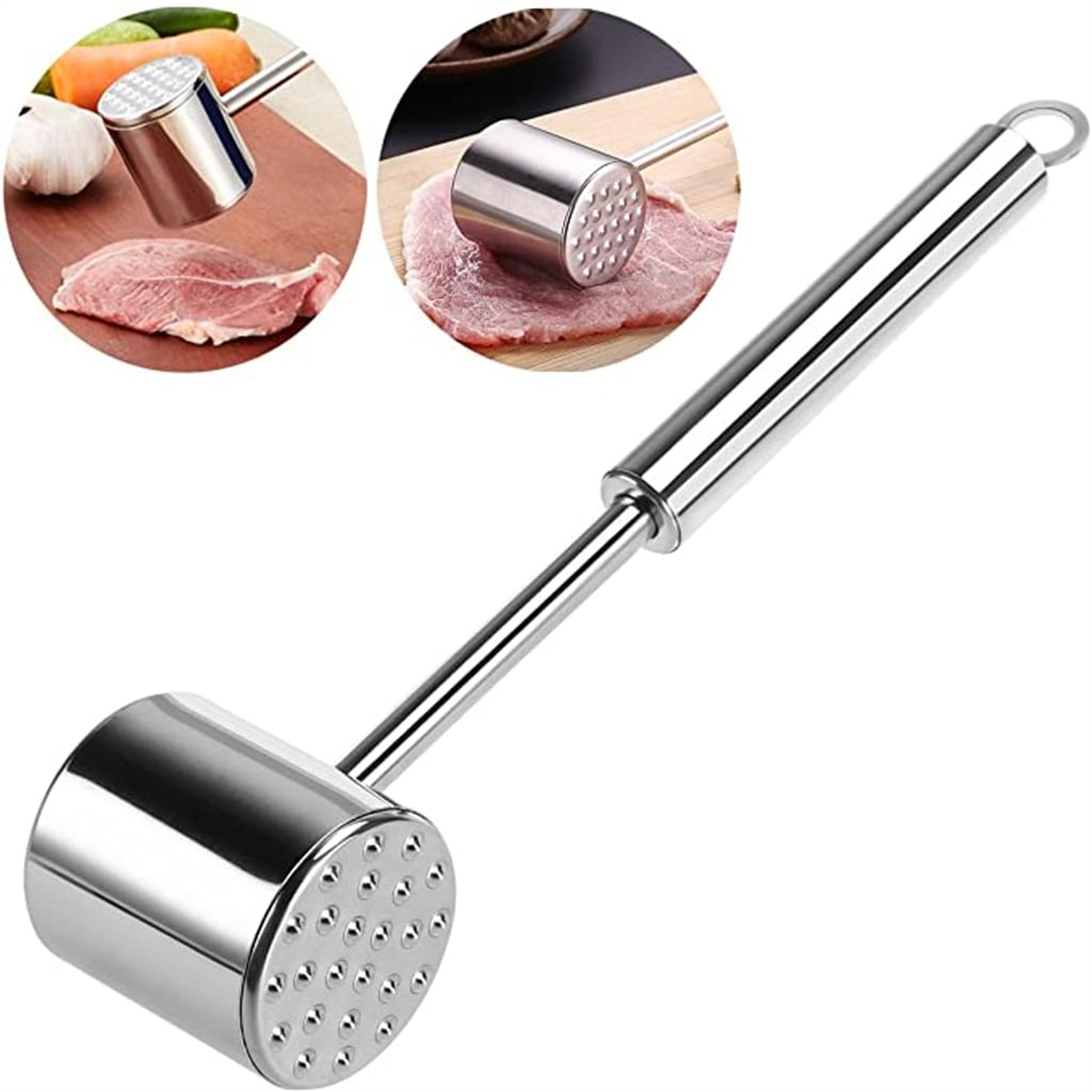 Fleischklopfer aus Edelstahl. Hammerform mit glatter und strukturierter Oberfläche.
