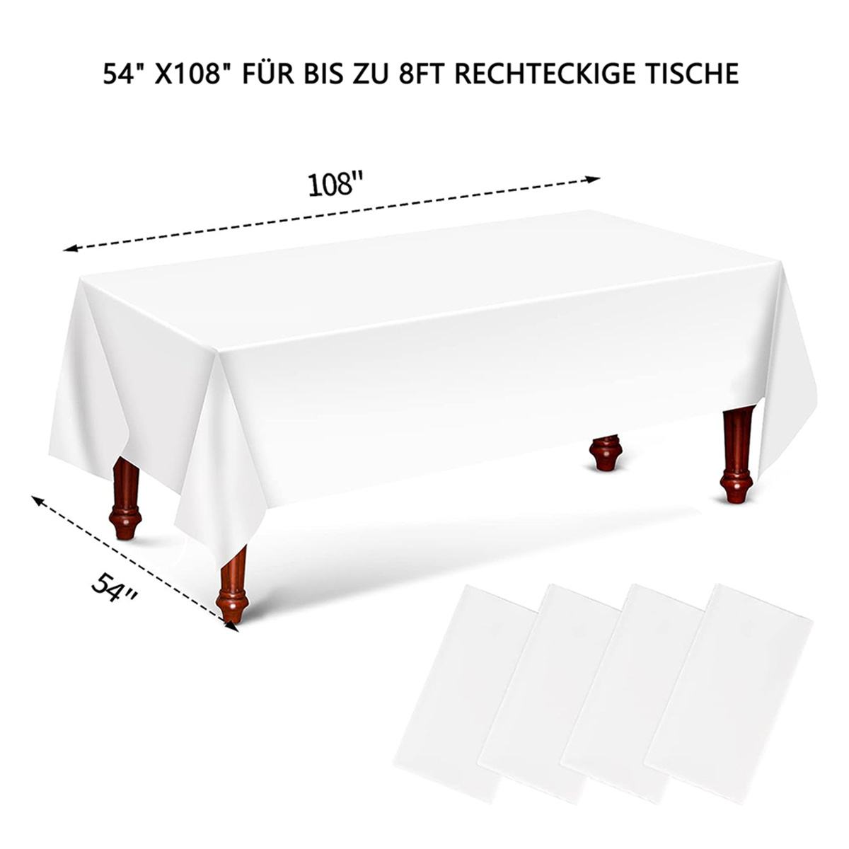Weißes rechteckiges Tischtuch auf einem Tisch. Abmessungen und Broschüren sind gezeigt.