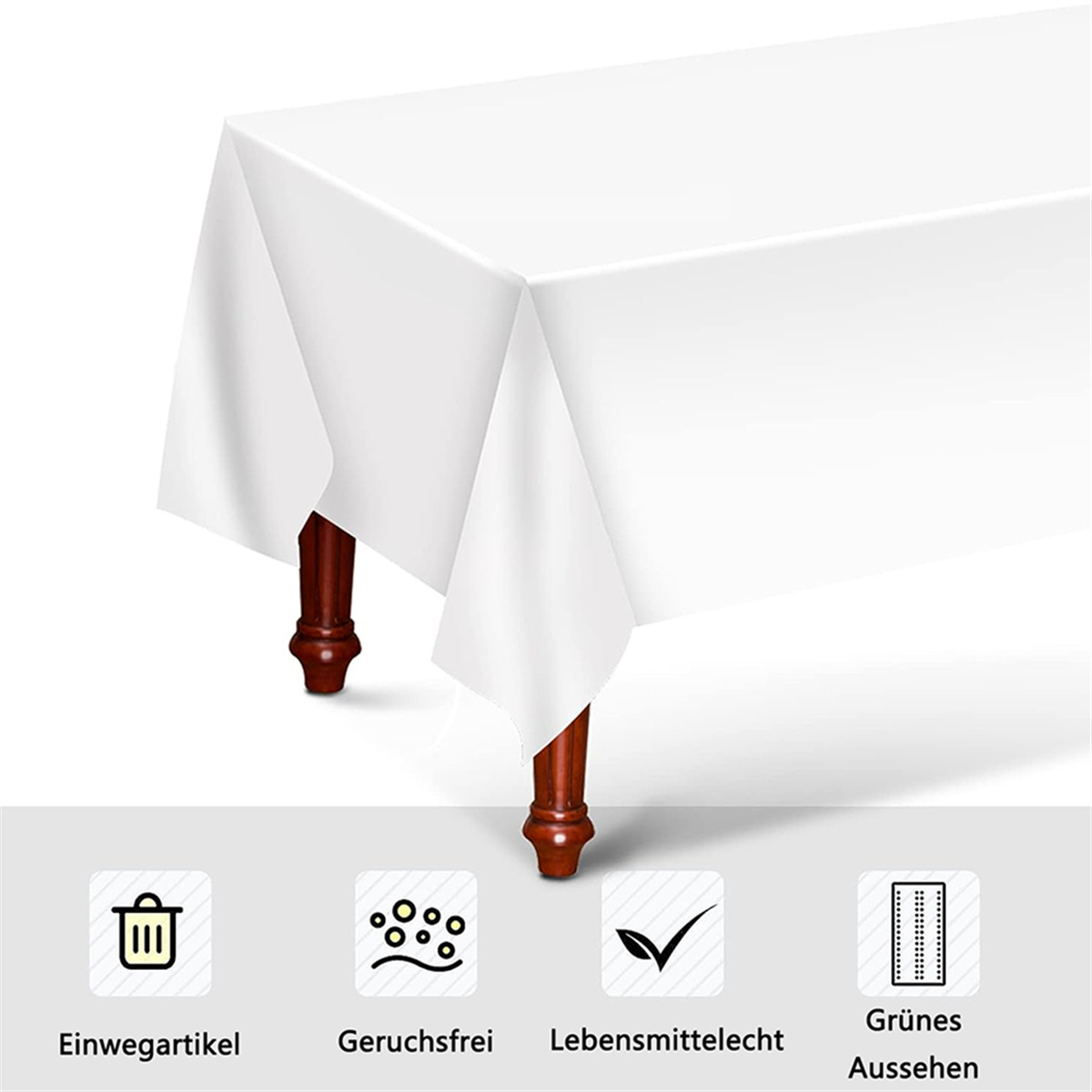 Weißes Tischtuch auf einem Tisch mit Holzbeinen. Es gibt Symbole für Entsorgung, Lebensmittelsicherheit und Aussehen.
