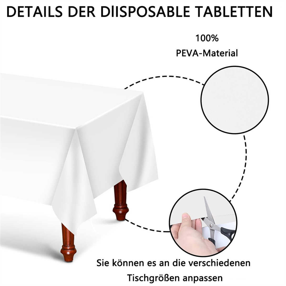Eine weiße Einweg-Tischdecke mit einer Grafik, die zeigt, wie man sie an verschiedene Tischgrößen anpasst.