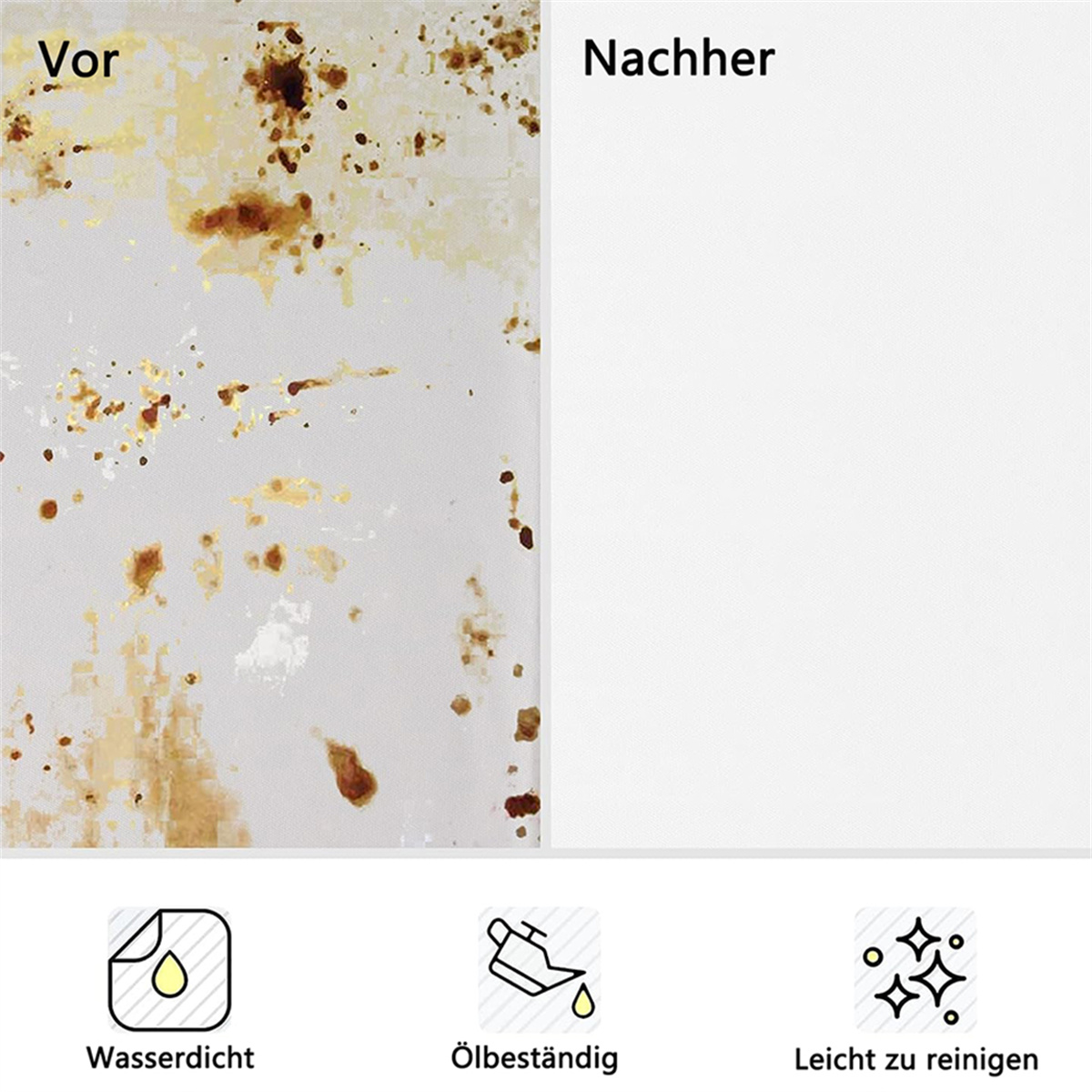 Bildvergleich: schmutzige Wand (links) und saubere Wand (rechts), wasserdicht, ölbeständig und leicht zu reinigen.