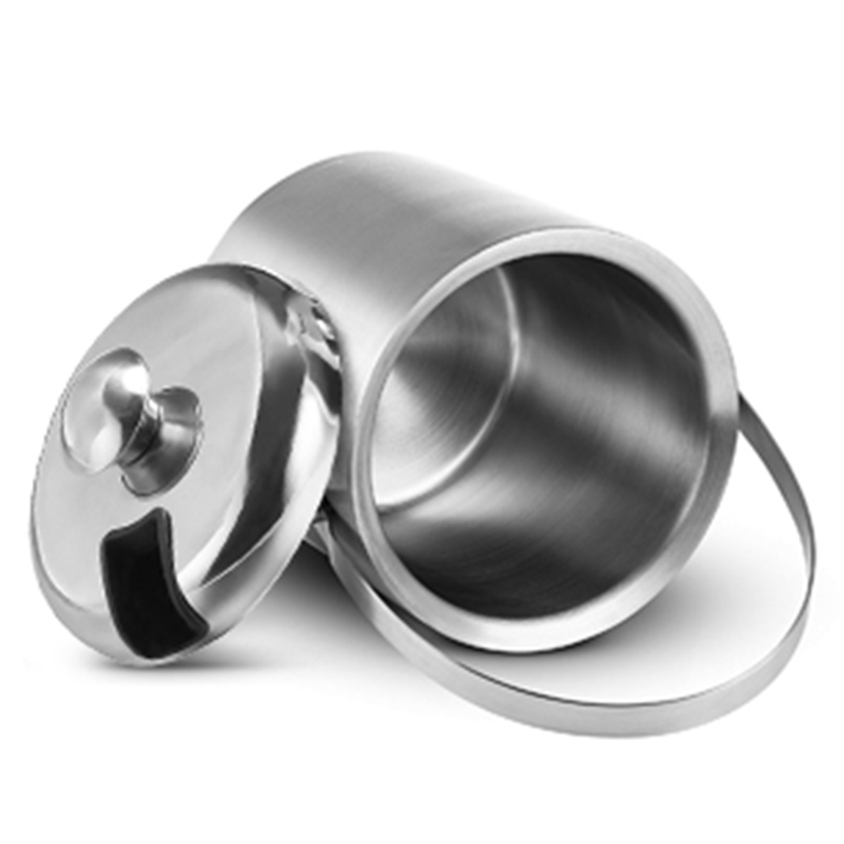 Eisbehälter aus Metall mit Deckel und Griff. Der Deckel ist teilweise geöffnet.