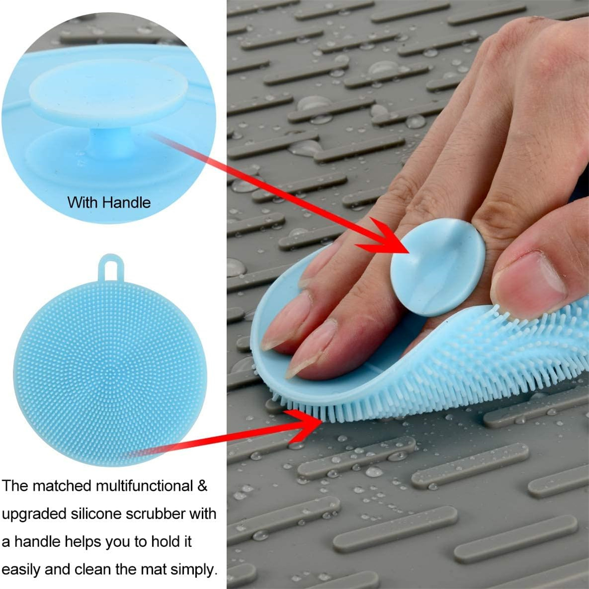 Ein blauer Silikon-Schwamm und eine Trockenmatte, mit Pfeilen, die auf Details zeigen.