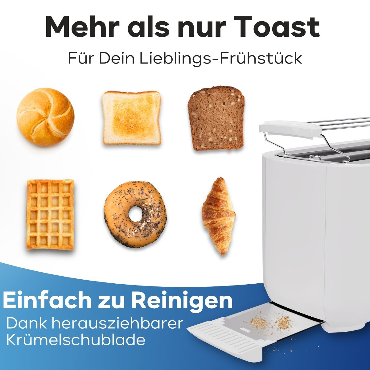 Toaster mit verschiedenen Brotsorten oben drauf, Krümelschublade gezeigt, Text über Reinigung.