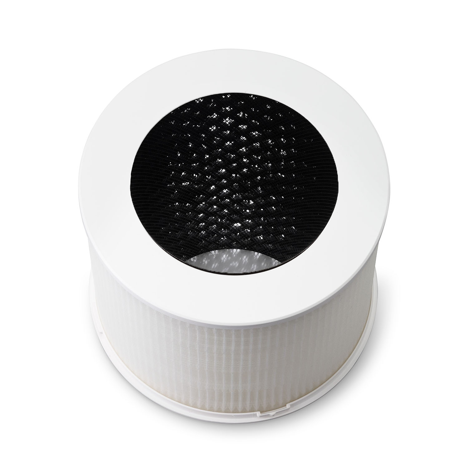 White air purifier filter with a black perforated top and a white cylindrical body.