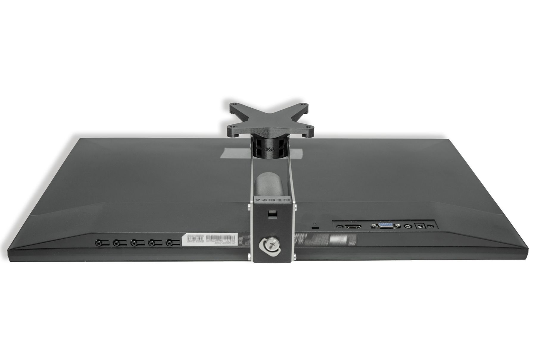 Die Rückseite eines schwarzen Computermonitors mit angebrachtem Ständer und Anschlüssen.