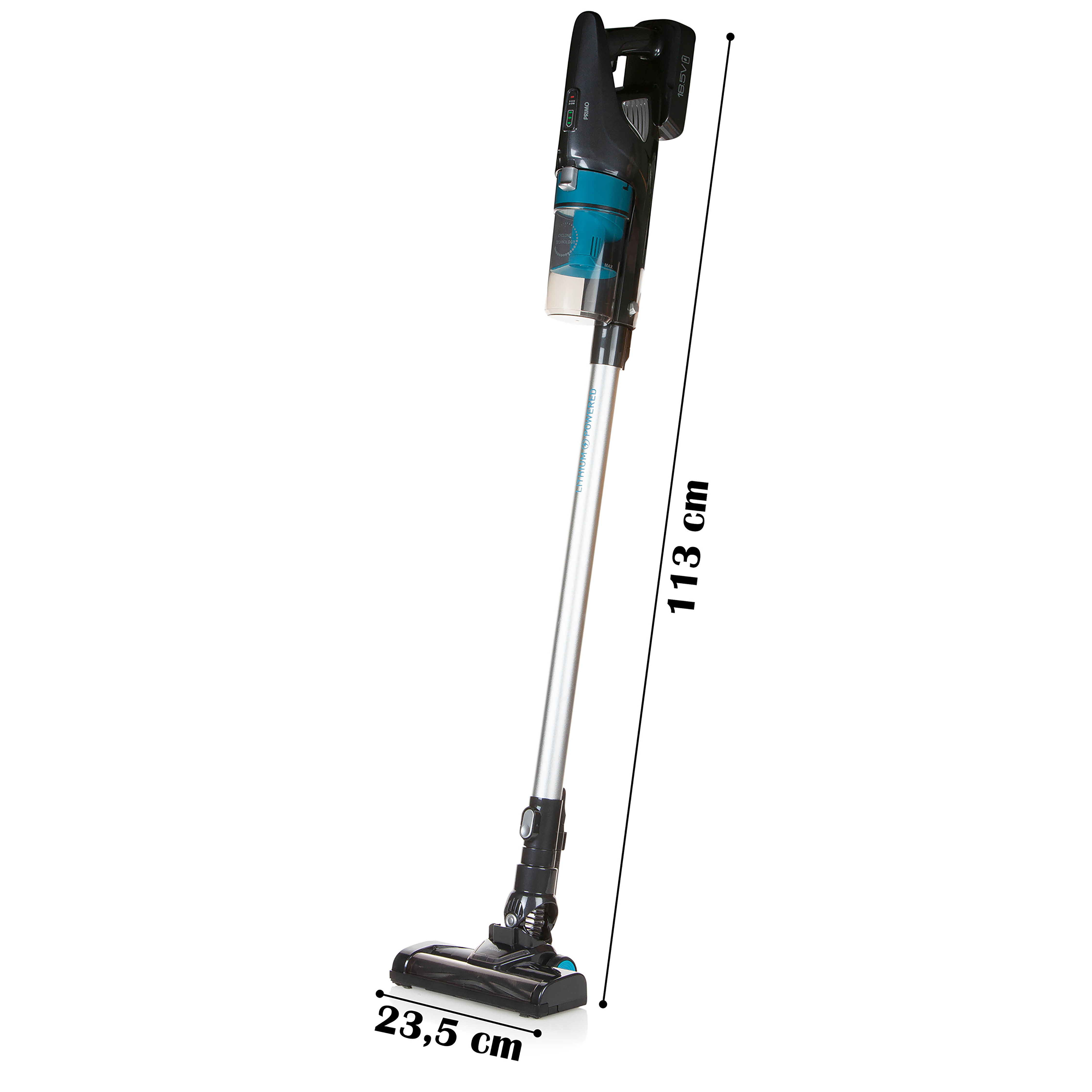 Aspirateur sans fil, noir et sarcelle, avec dimensions de 113 cm et 23,5 cm.