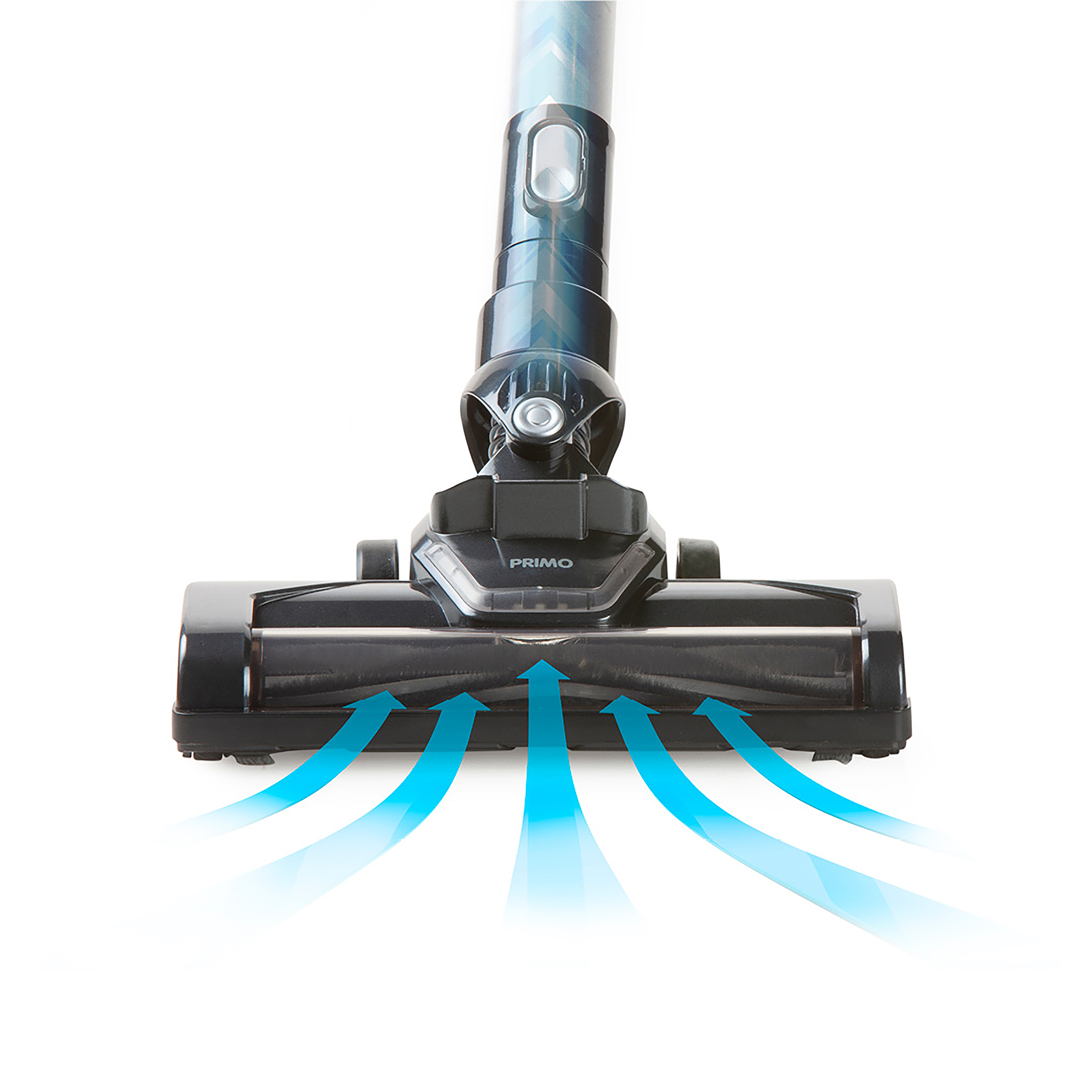 Tête d'aspirateur avec des flèches bleues indiquant le flux d'air. Le fond est blanc.