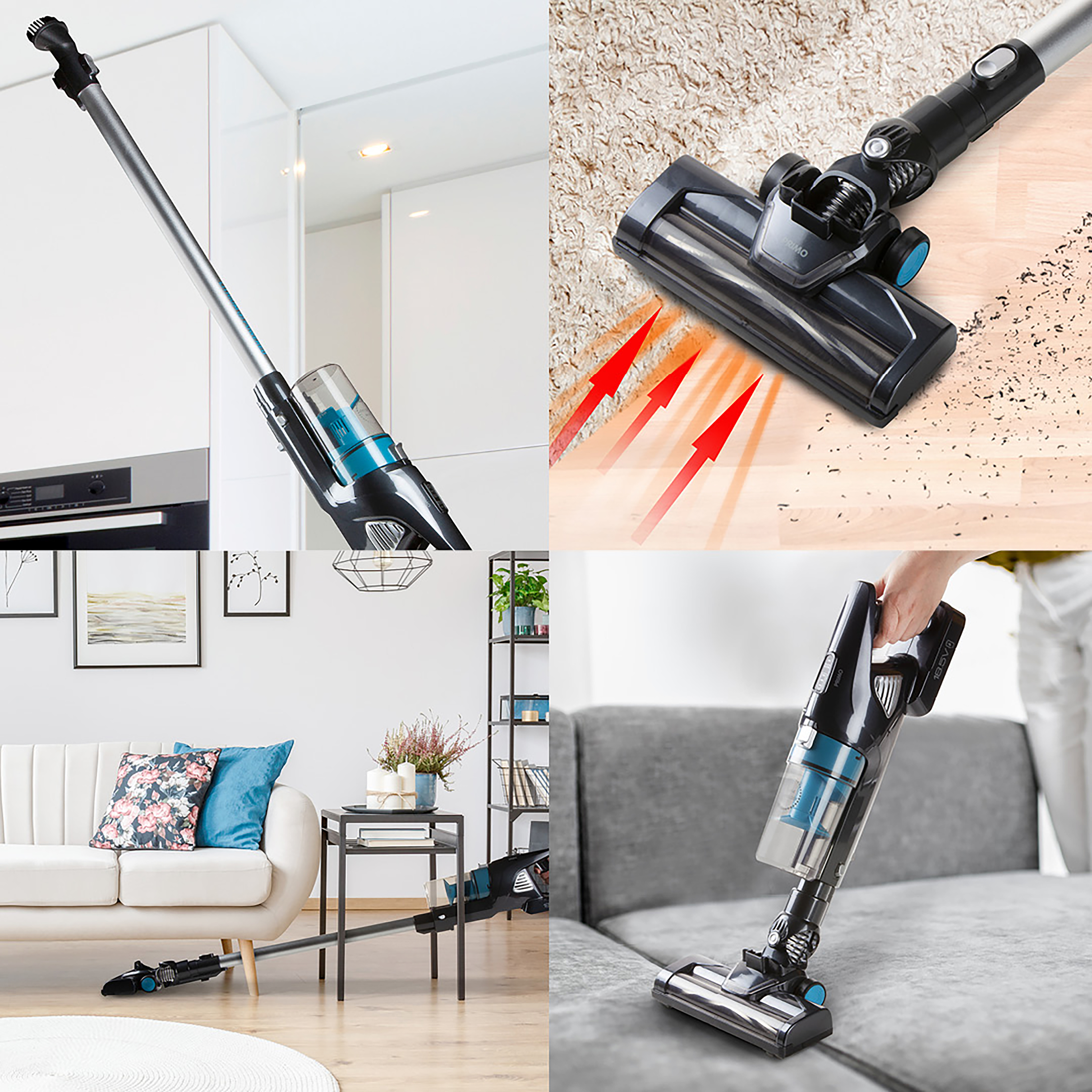 Plusieurs vues d'un aspirateur sans fil en cours d'utilisation, montrant l'action de nettoyage.