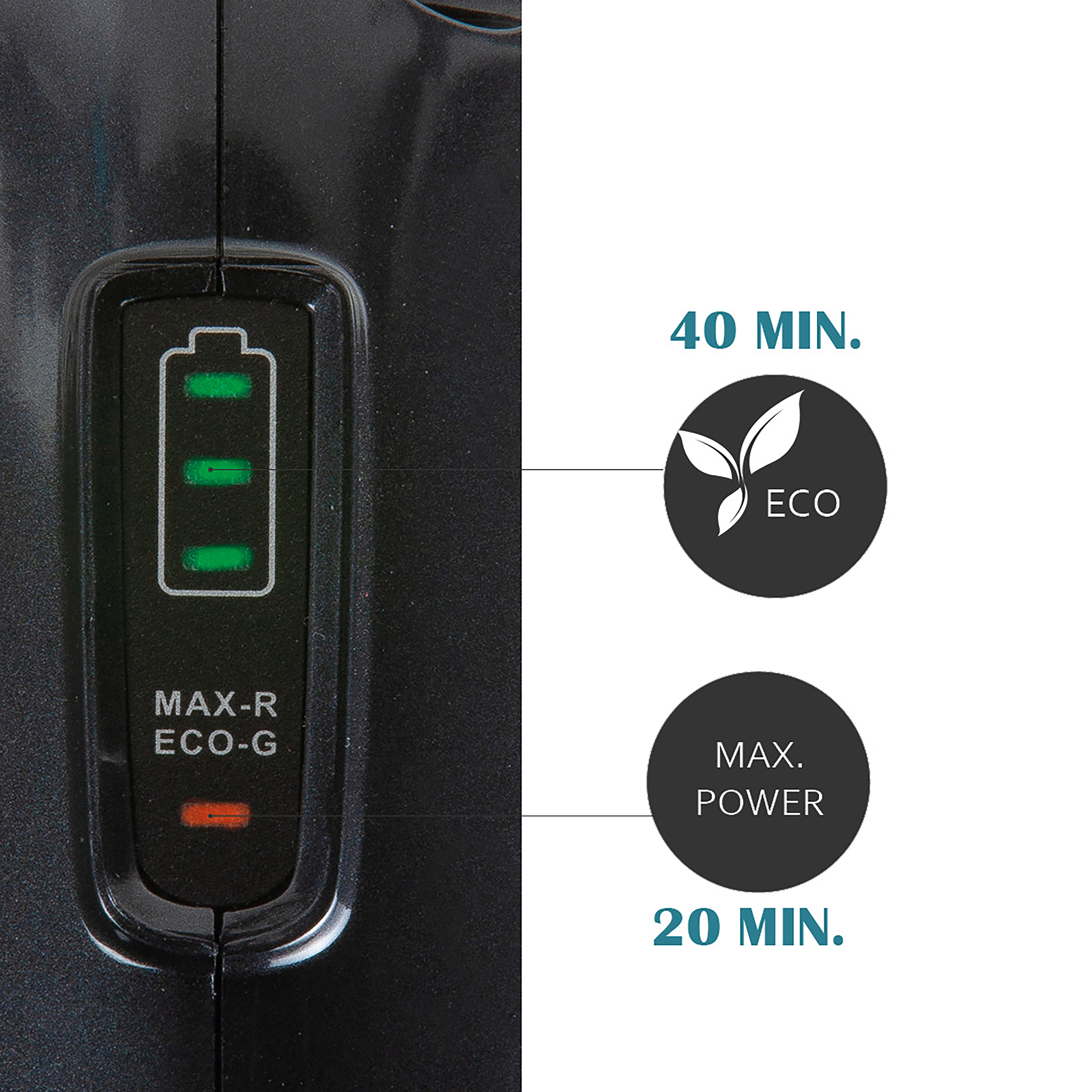 Gros plan d'un appareil noir avec des indicateurs de niveau de batterie. Des lumières vertes et rouges sont visibles.