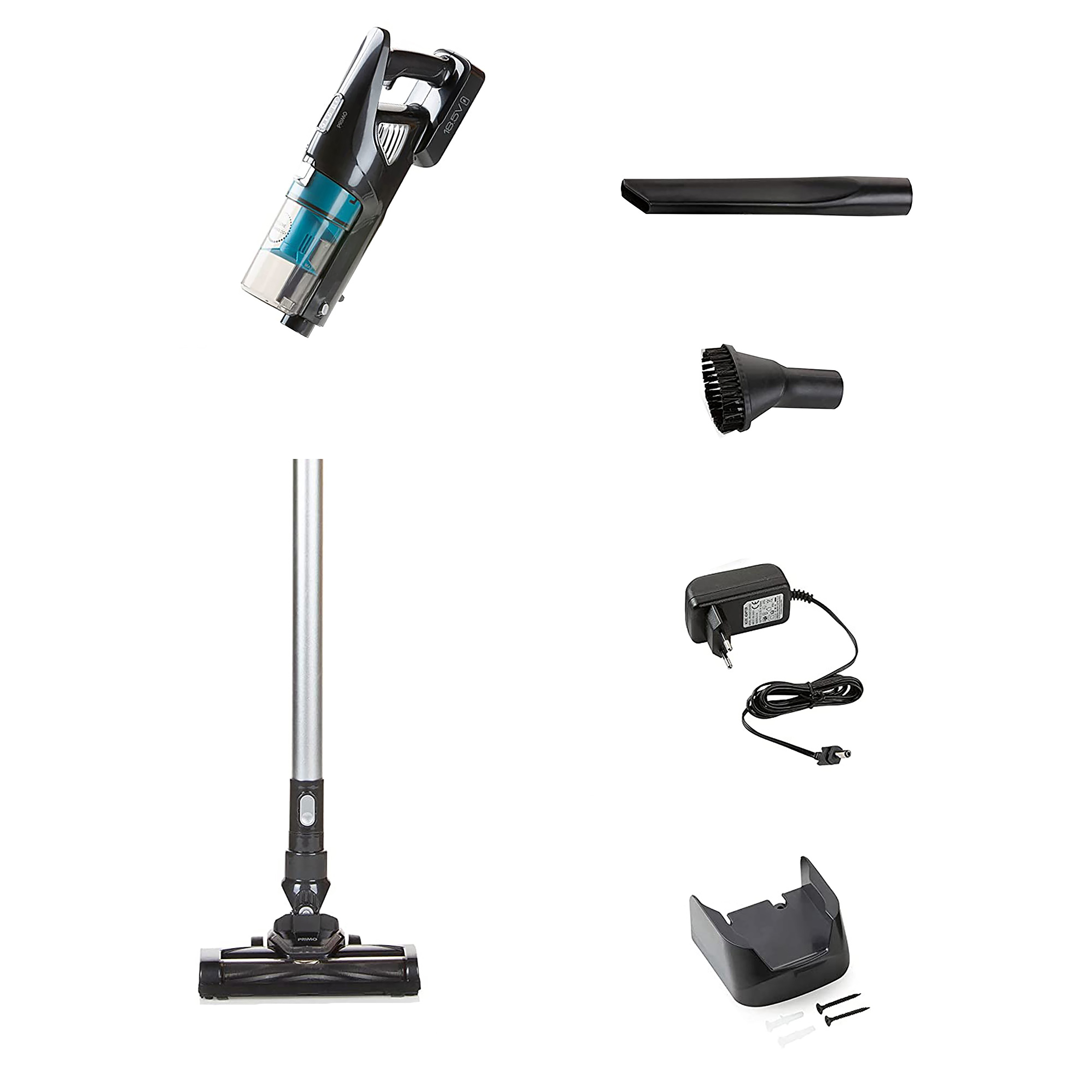 Un ensemble de pièces d'aspirateur sans fil : unité principale, tube d'extension, brosse, chargeur et une base.