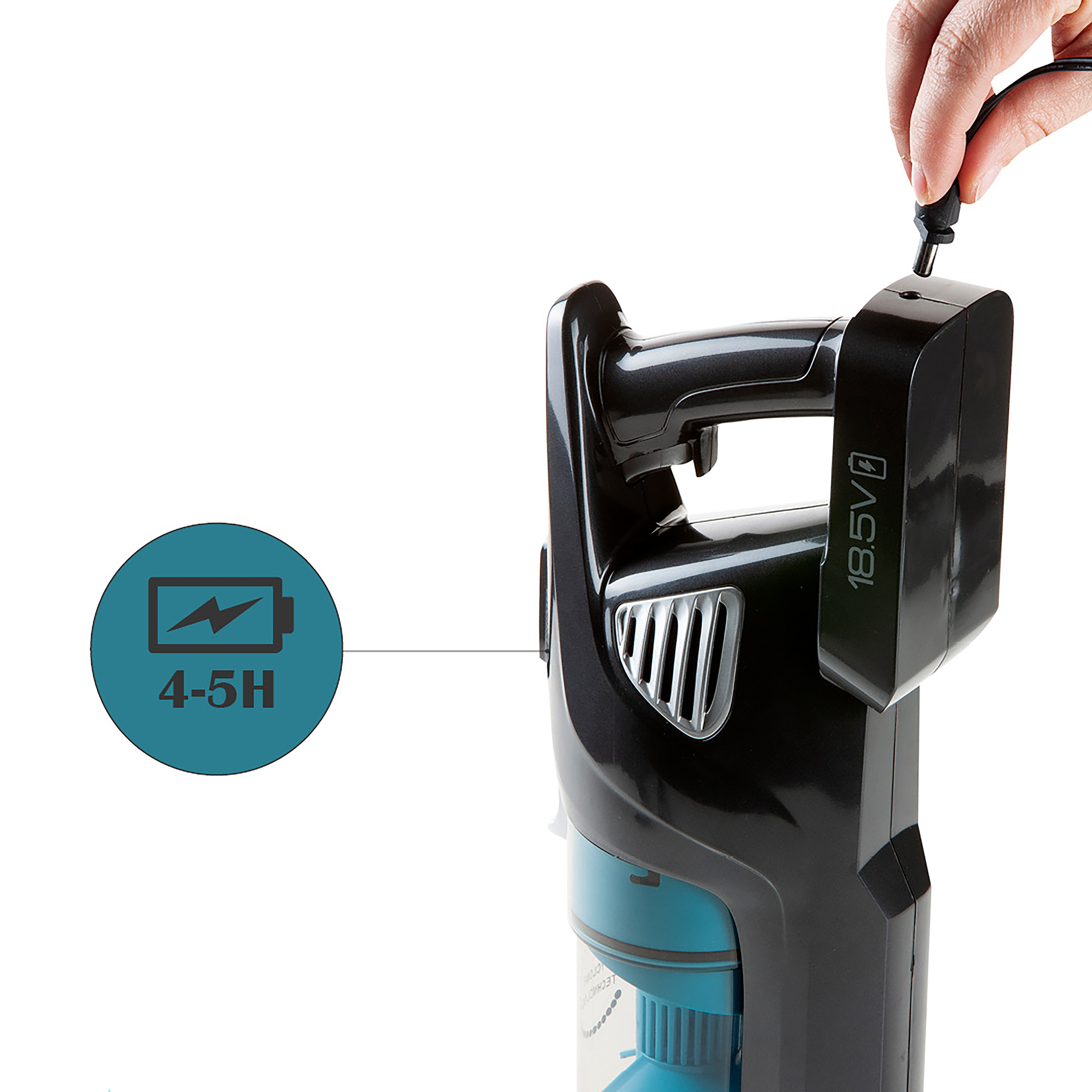 Gros plan d'un aspirateur. Un cercle indique 4-5H, une durée de charge.