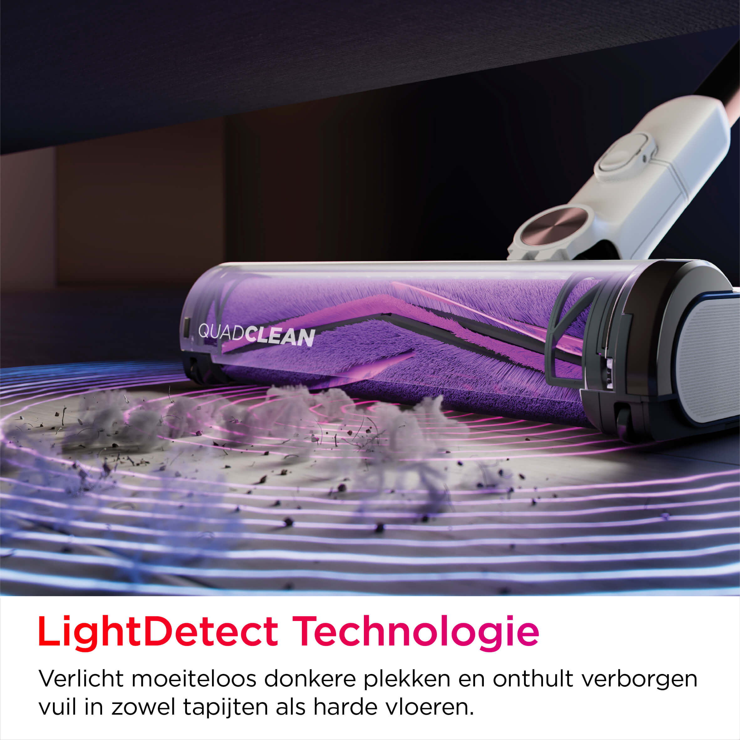 Vacuum cleaner in use, showing dirt being removed from a surface.