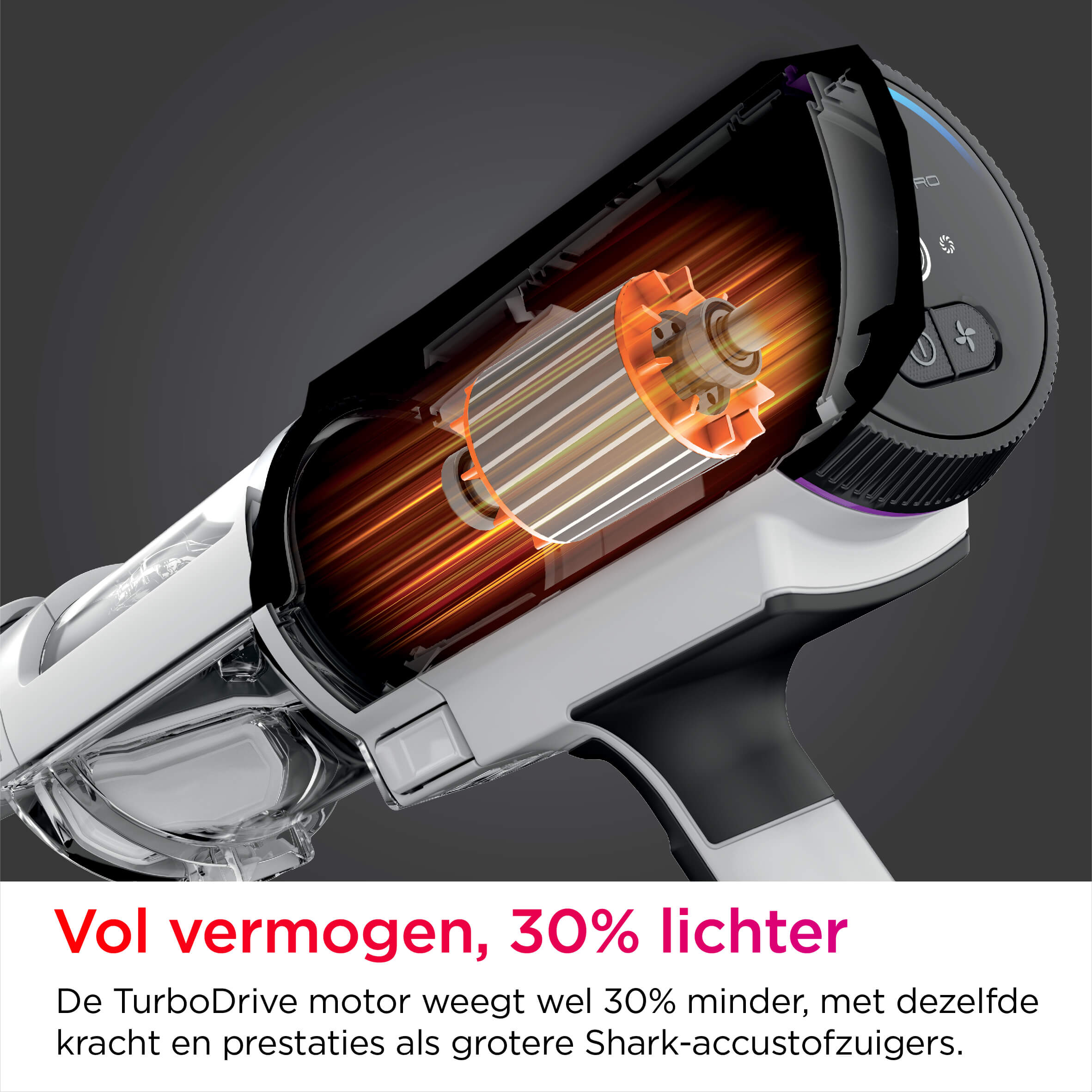 Vacuum cleaner motor assembly with text: 'Vol vermogen, 30% lichter' (Full power, 30% lighter).