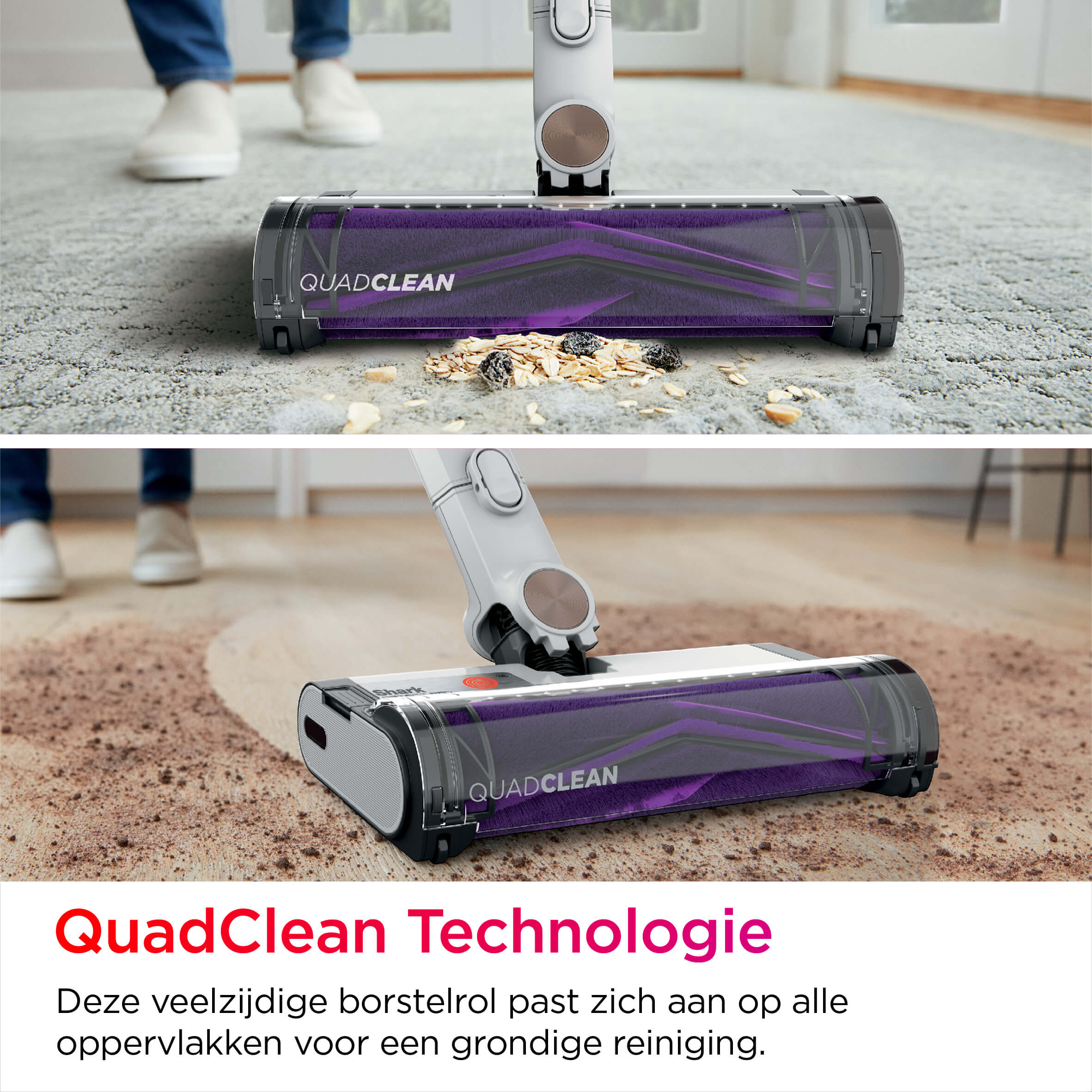 Vacuum cleaner head on carpet, with debris. Purple roller, gray and black body. Person in the background.