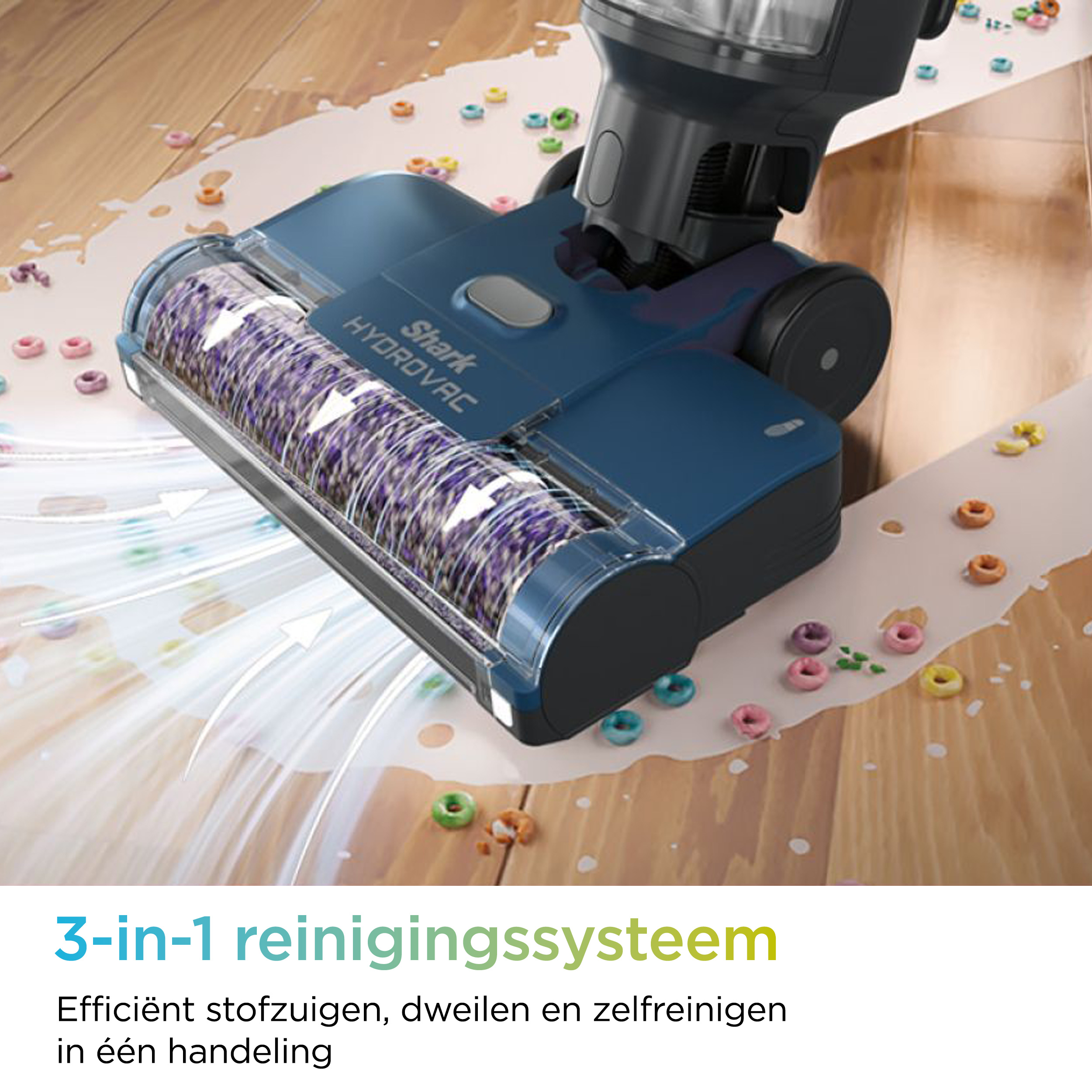 A blue vacuum cleaner cleaning a floor with scattered colorful cereal pieces.