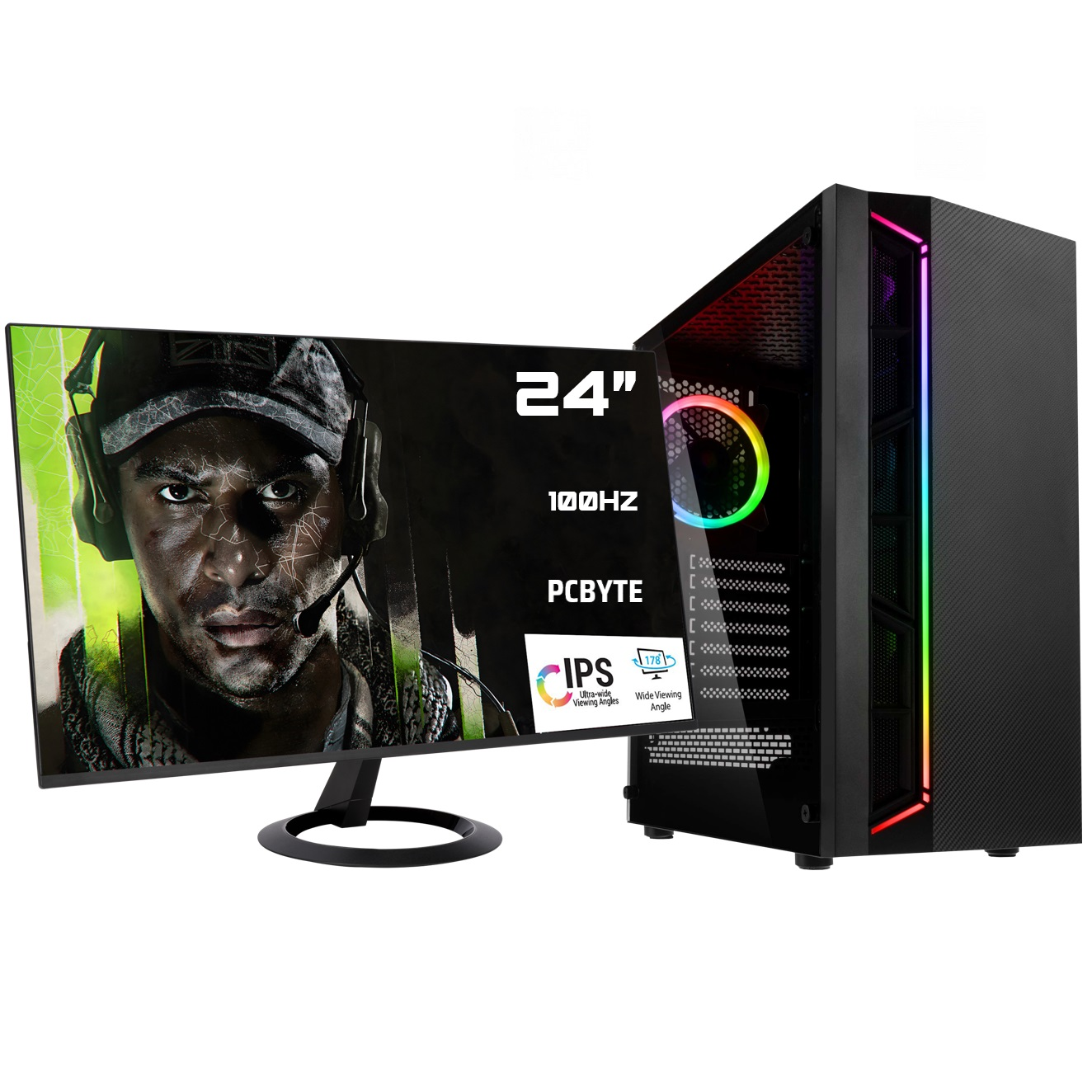 Configuración de PC gaming con monitor de 24" mostrando un jugador y una torre negra.