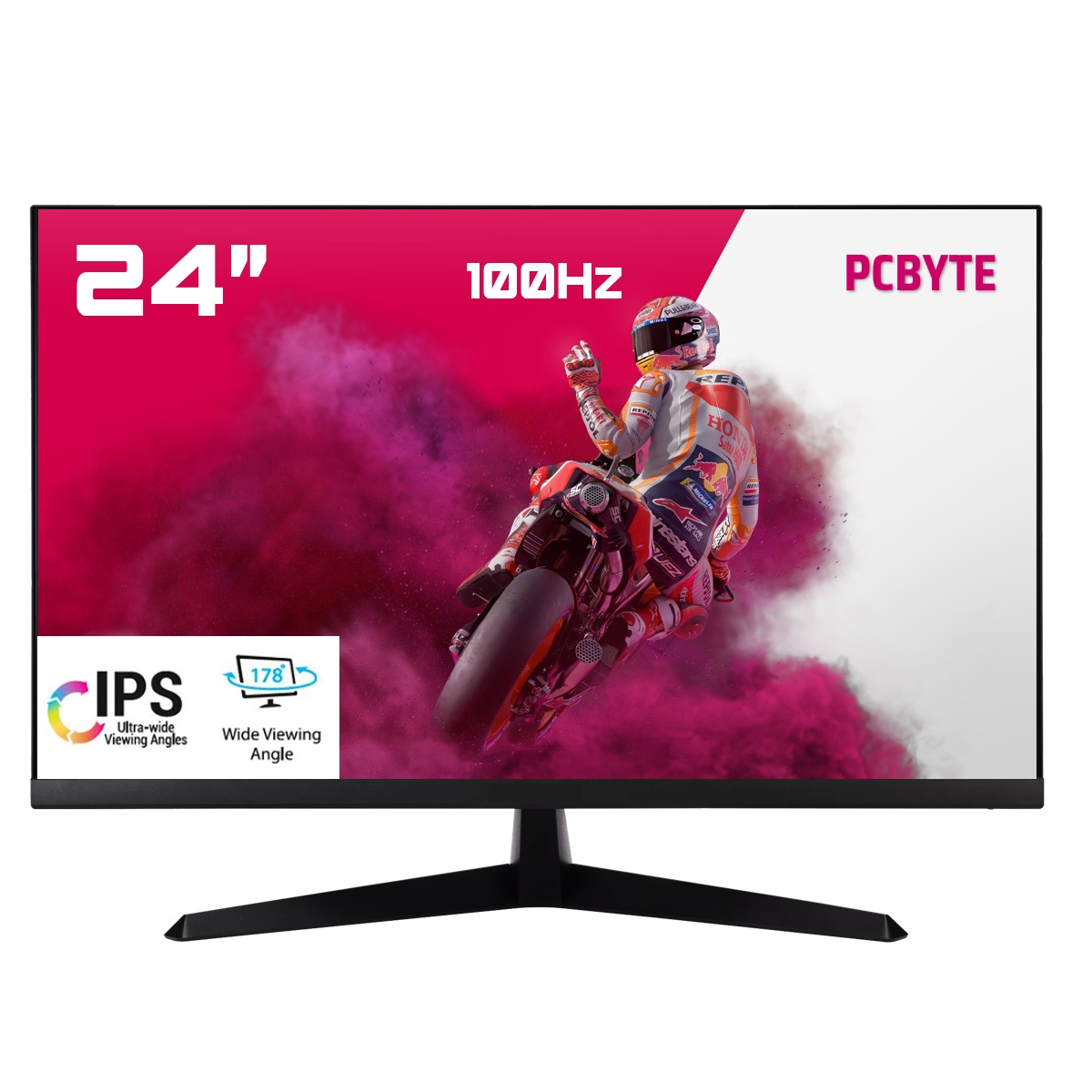 Monitor PCBYTE de 24" mostrando escena de carreras, base negra.