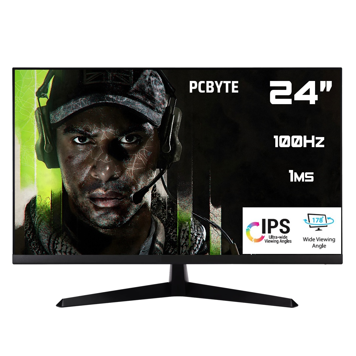 Un monitor PCBYTE de 24" mostrando una escena de juego, con texto que indica 100Hz y 1ms.