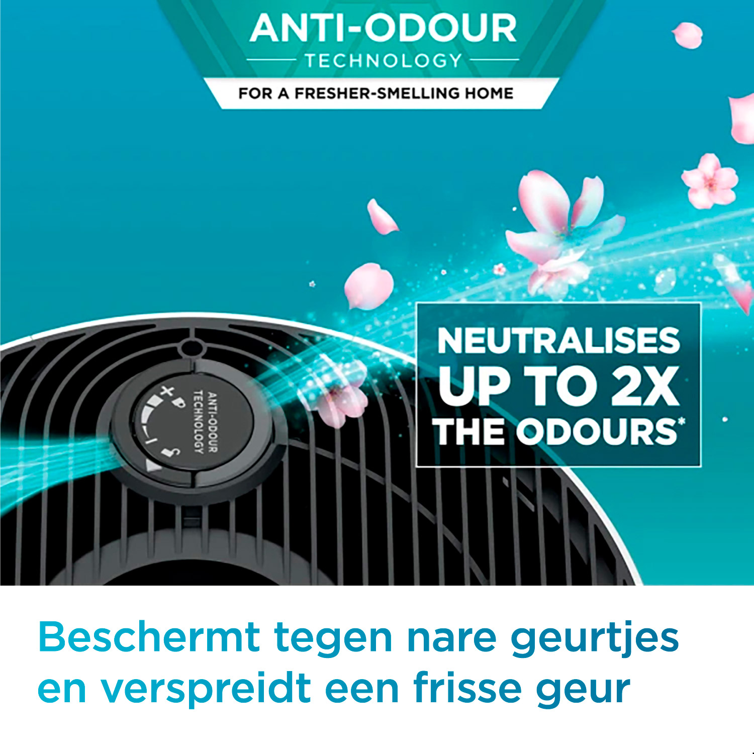Ein Luftreiniger mit der Aufschrift 'Anti-Geruch'. Pinke Blütenblätter schweben in der Luft.