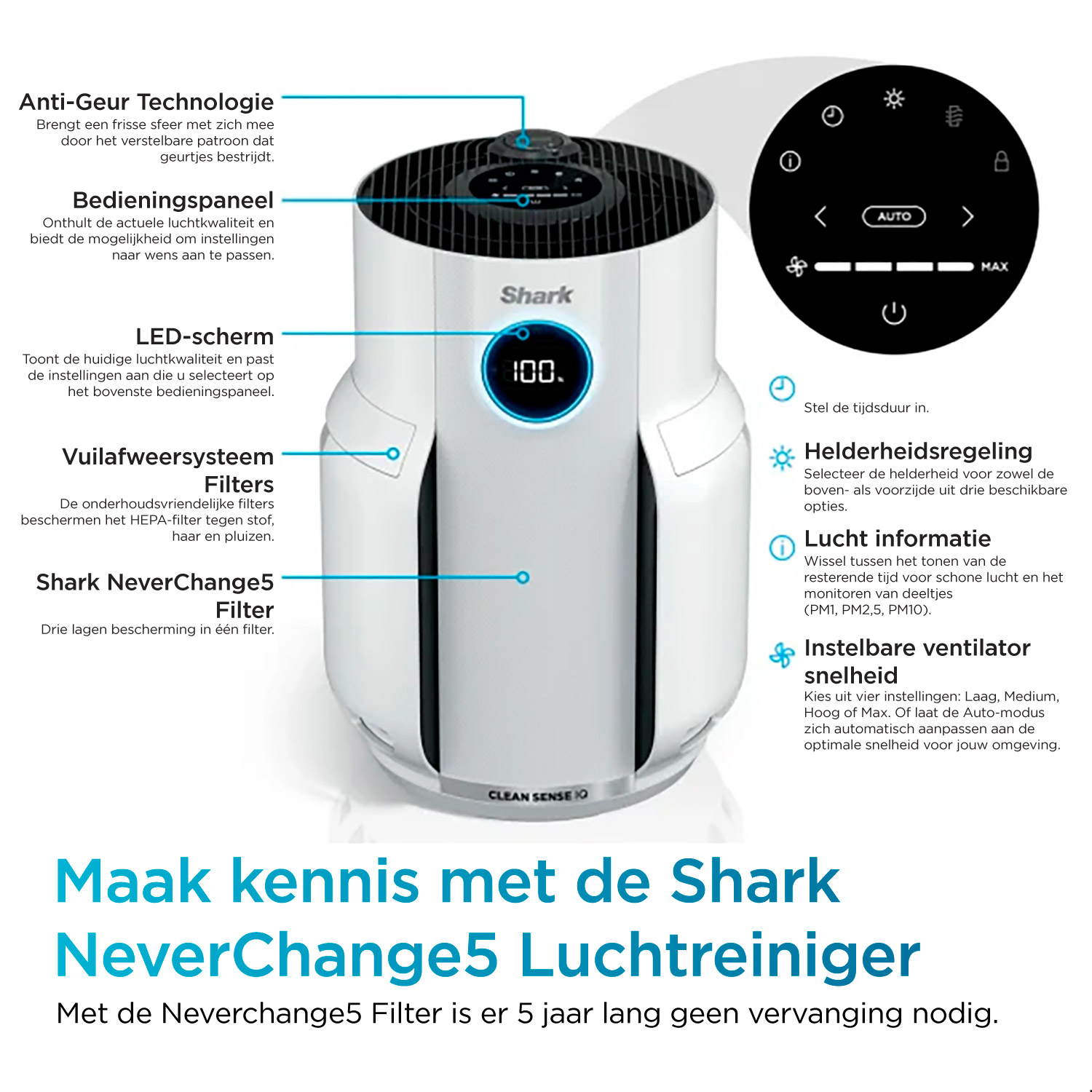 White air purifier with black top, LCD screen displays 100. Control panel on top.