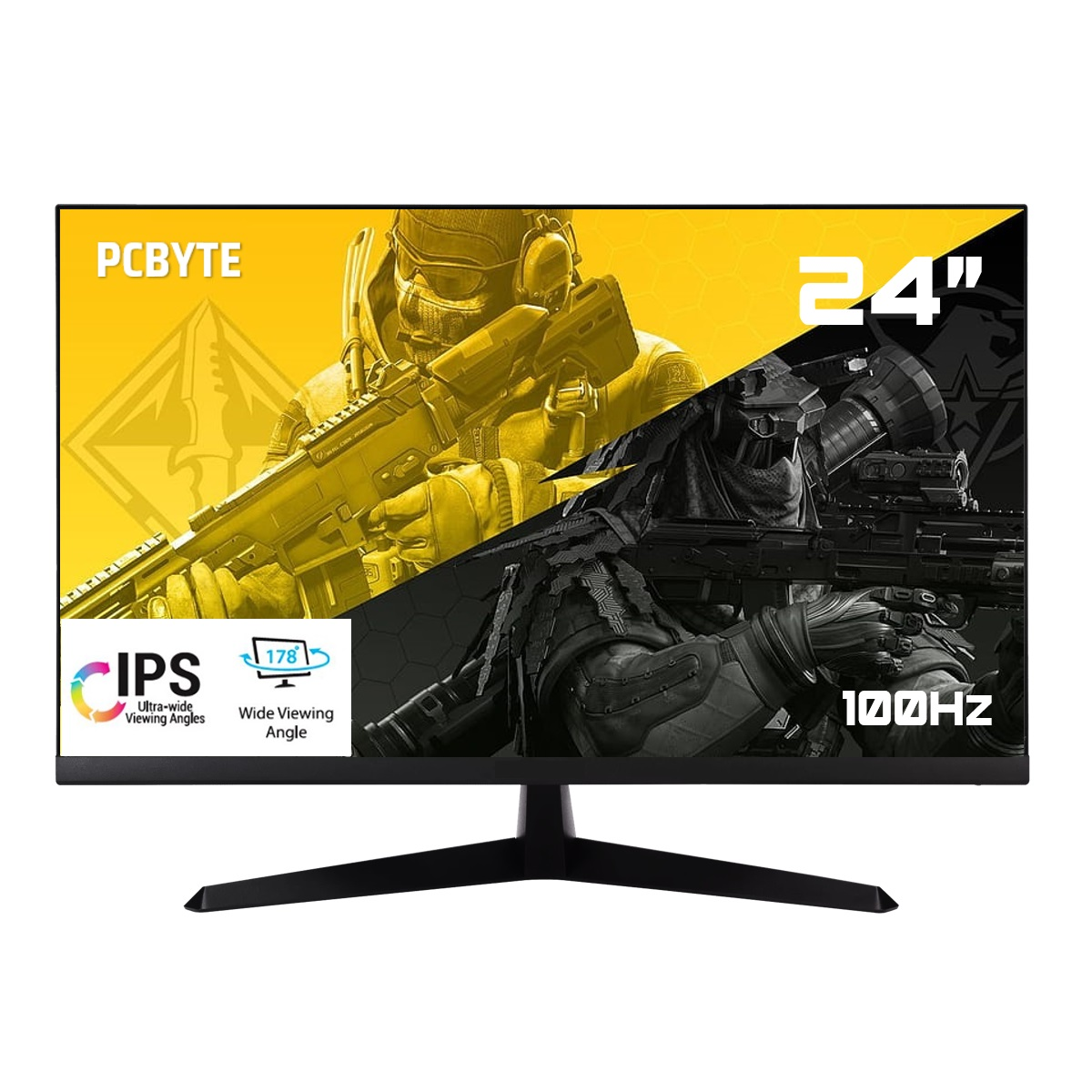 Monitor PCBYTE de 24". La pantalla muestra una imagen dividida de soldados. Tiene IPS, 100 Hz y un soporte negro.