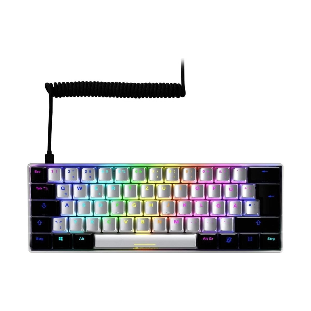 Czarna i podświetlana tęczowo klawiatura, widok z góry, ze spiralnym kablem.