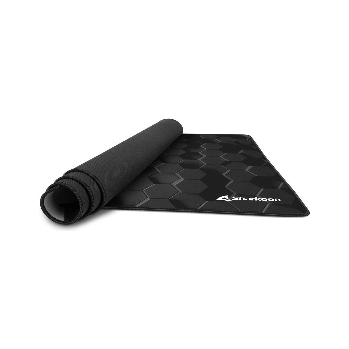 Czarno-szara podkładka pod mysz z sześciokątnym wzorem na białym tle.