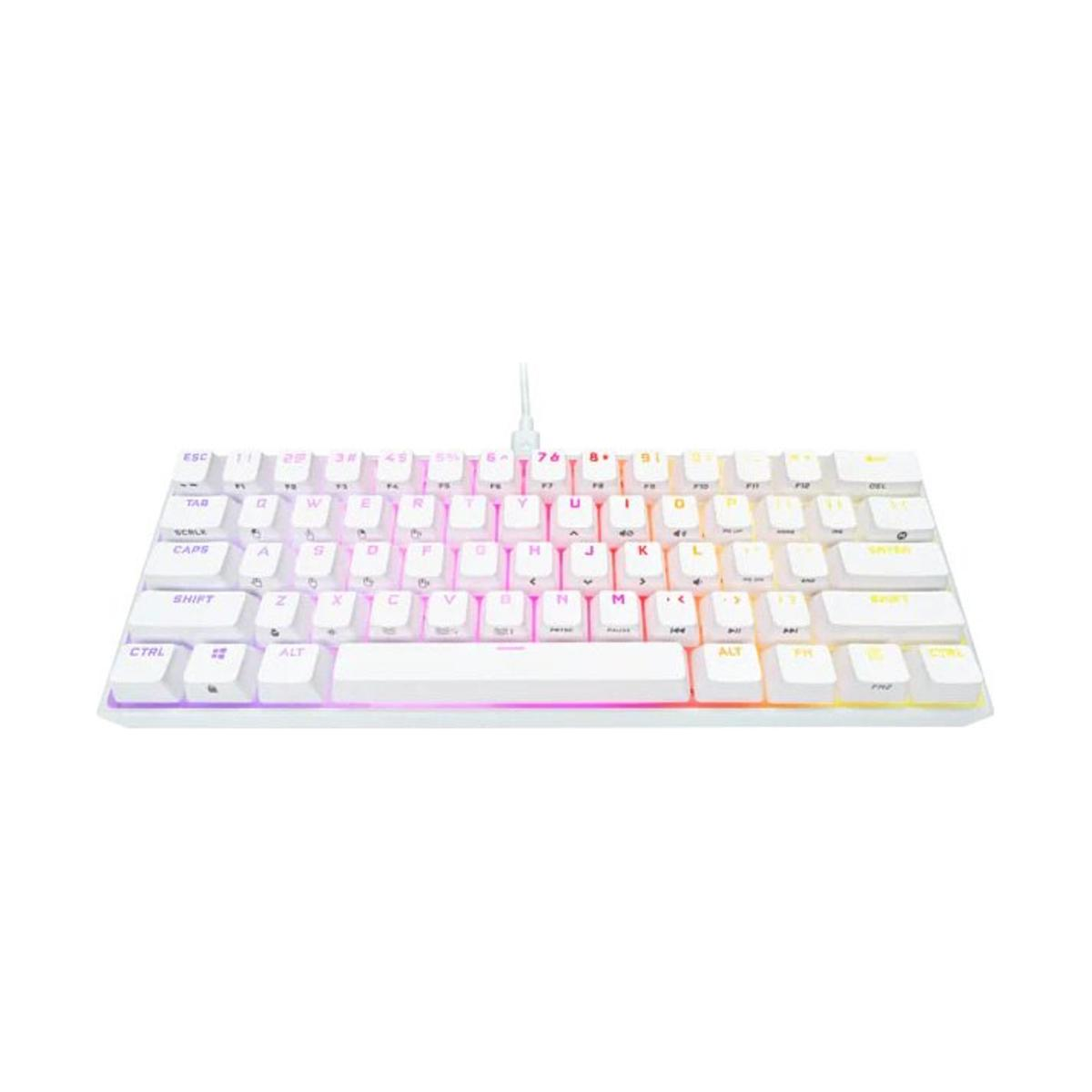 Weiße, kabellose Tastatur mit bunten Tasten. Die Tasten sind mit verschiedenen Farben beleuchtet.