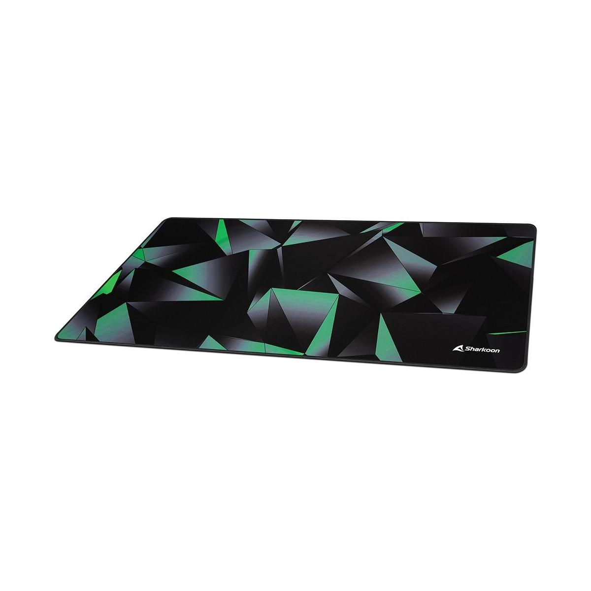 Un tapis de souris de jeu noir et vert avec un design géométrique et le logo Sharkoon.