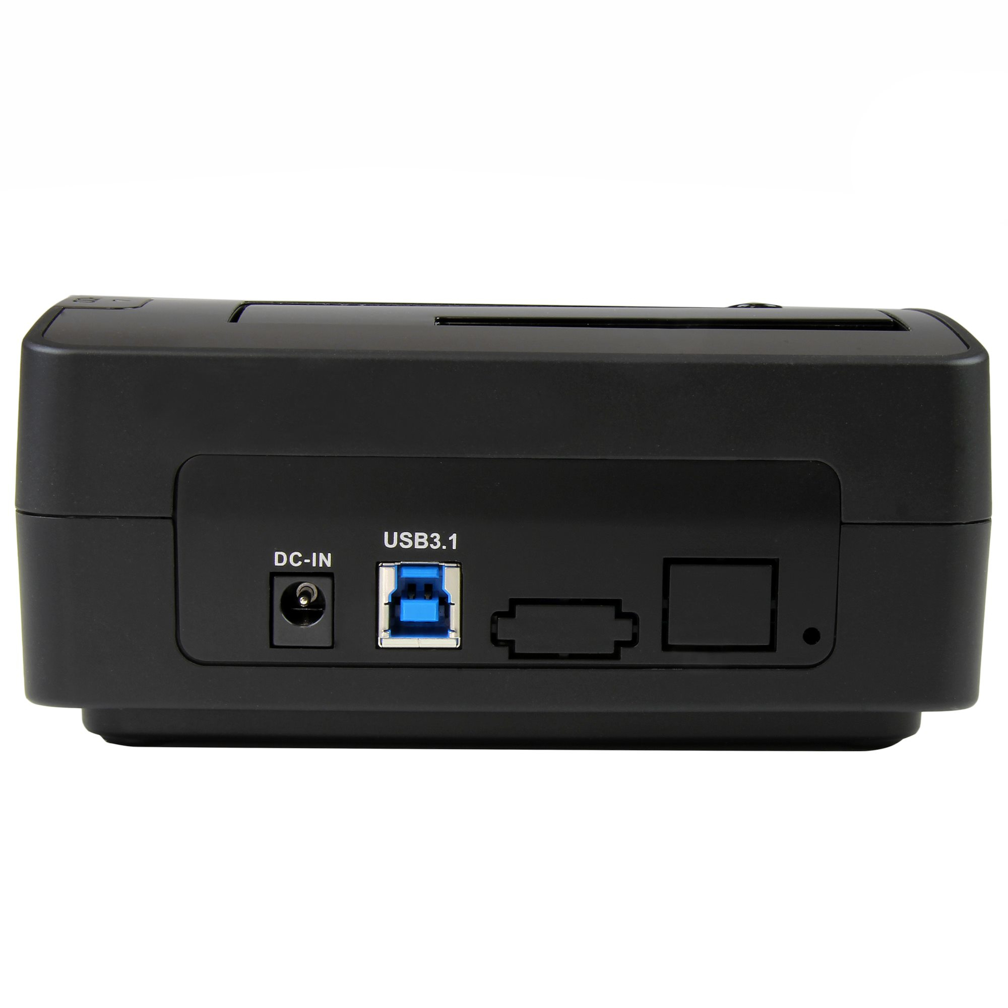 Een zwart apparaat met poorten met de labels DC-IN, USB 3.1 en andere niet-geïdentificeerde poorten.
