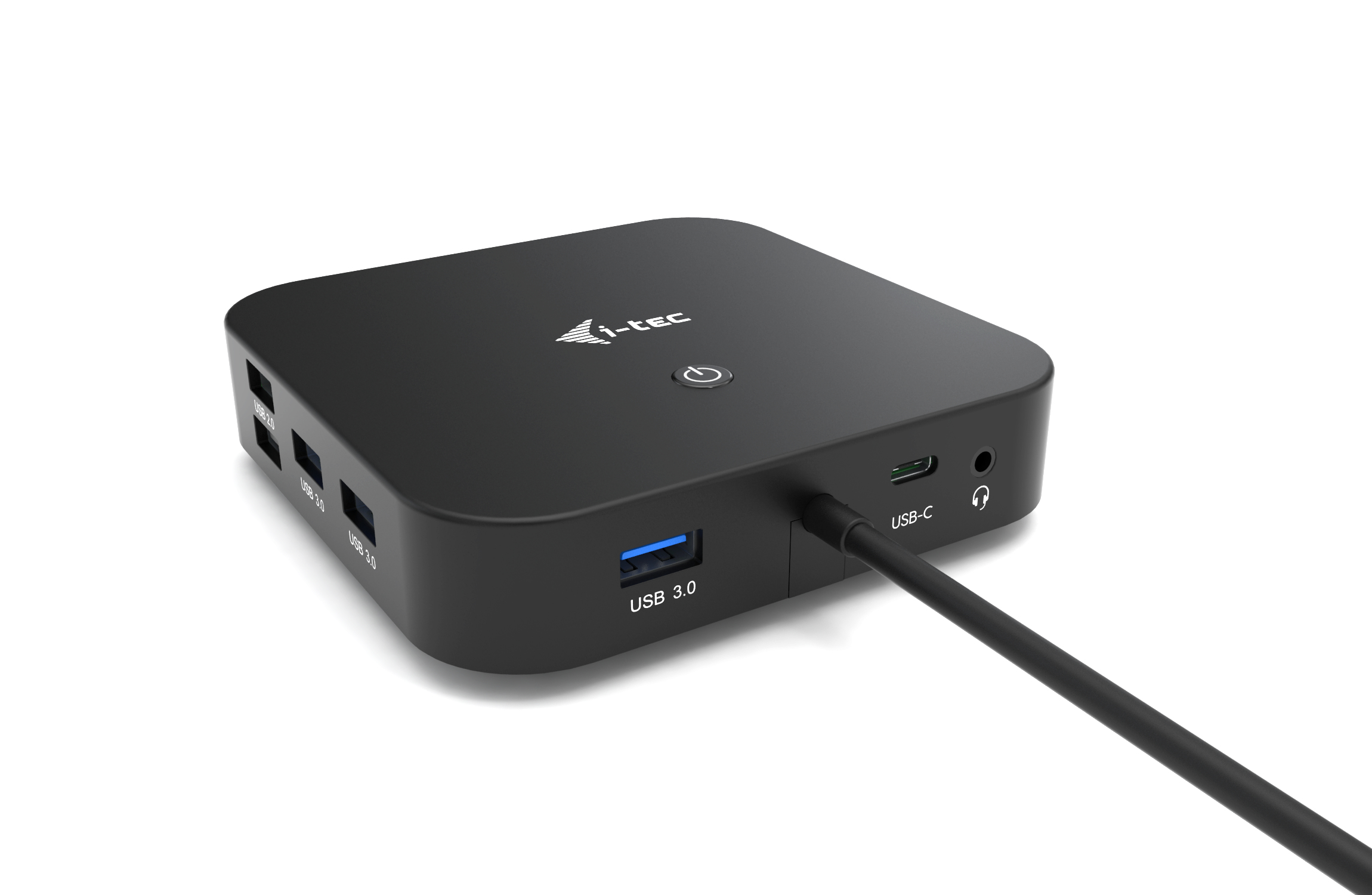 Black USB hub with multiple ports. A USB-C cable is plugged in.