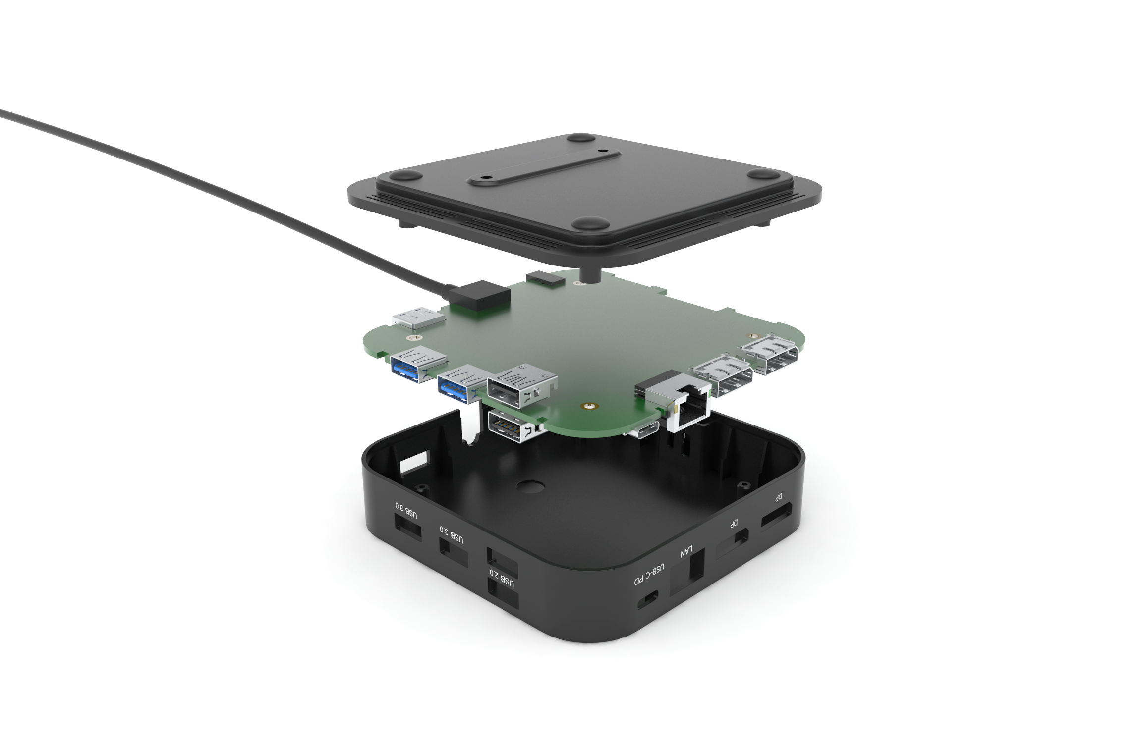 An exploded view of electronic components of a black device, isolated on a white background.