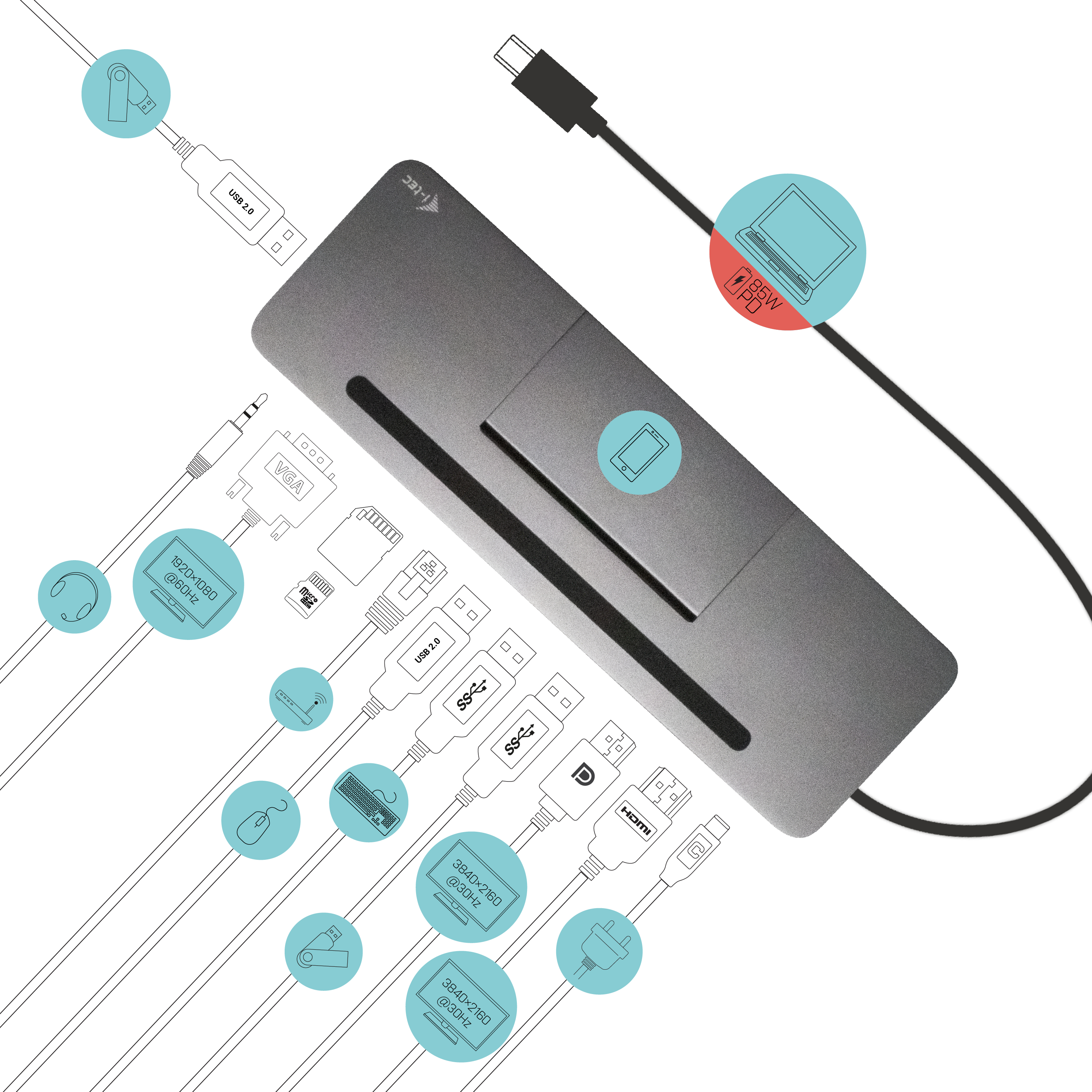 Een zilveren USB-C-hub met meerdere poorten en een oplaadkabel, omringd door pictogrammen.