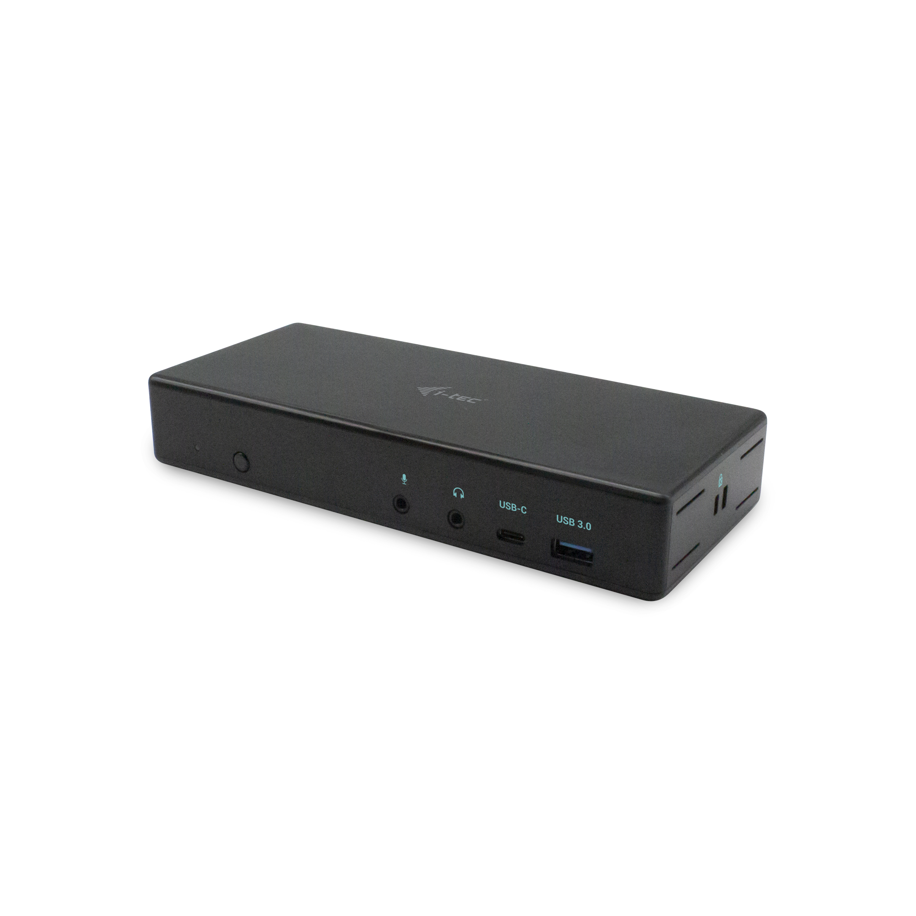 Docking station rettangolare nera con porte USB-C e USB 3.0. Porte audio visibili.