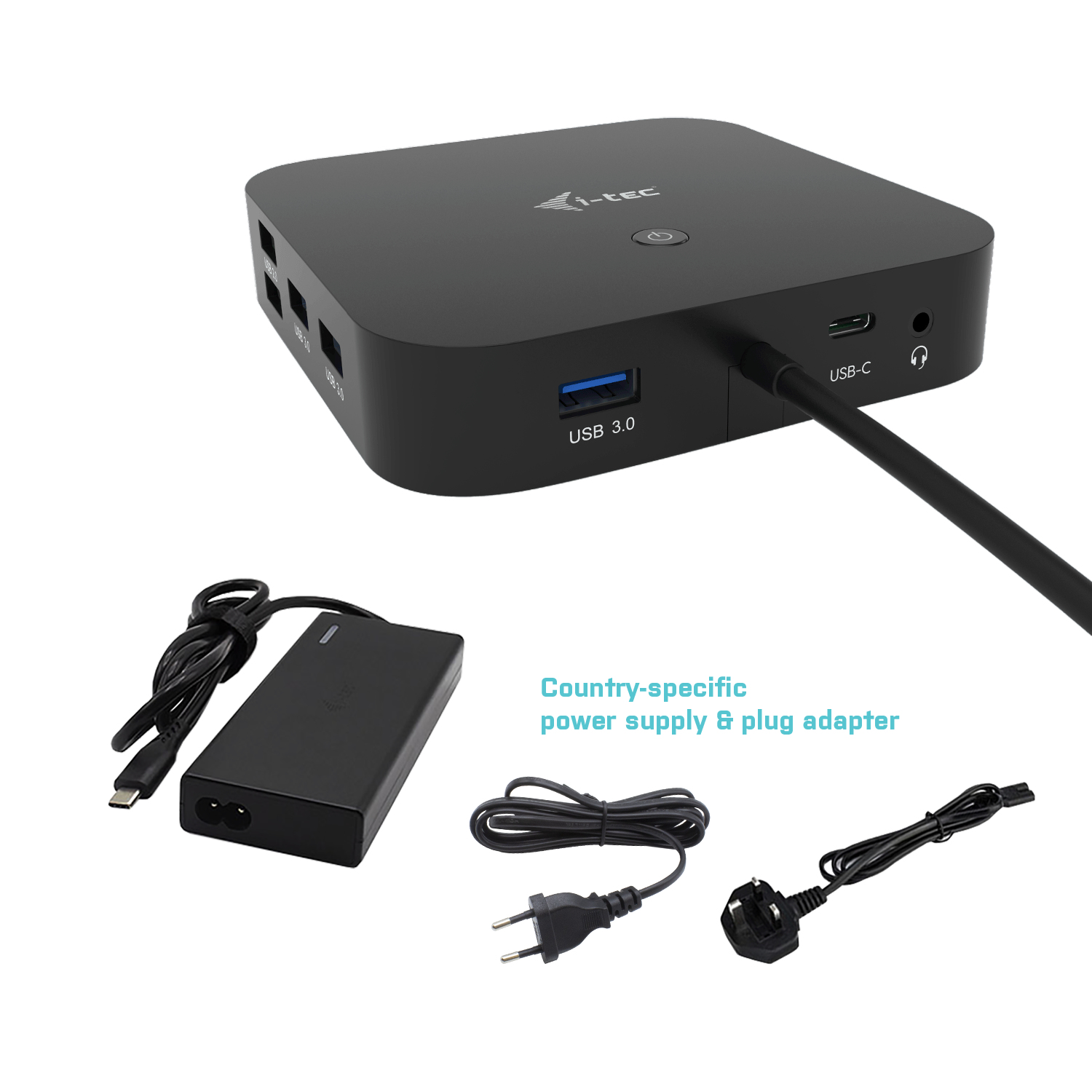 Zwarte hub met USB-poorten, aangesloten op een voeding en stekkeradapters. Tekst: Land specifieke voeding.