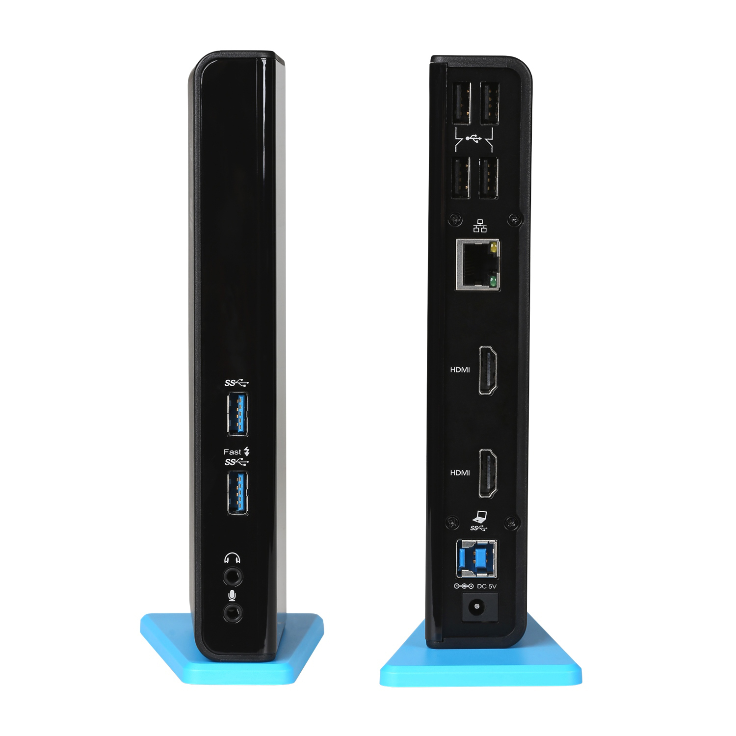 Schwarze Dockingstation mit Anschlüssen und blauem Sockel. Rückseite gezeigt. Anschlüsse: USB, HDMI, Ethernet.