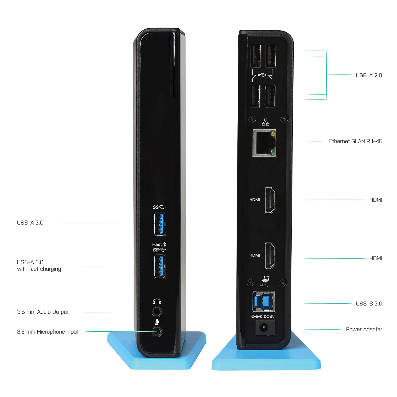 Schwarzes Gerät mit Anschlüssen auf beiden Seiten, blaue Basis. USB, HDMI, Ethernet und Netzteil sind beschriftet.