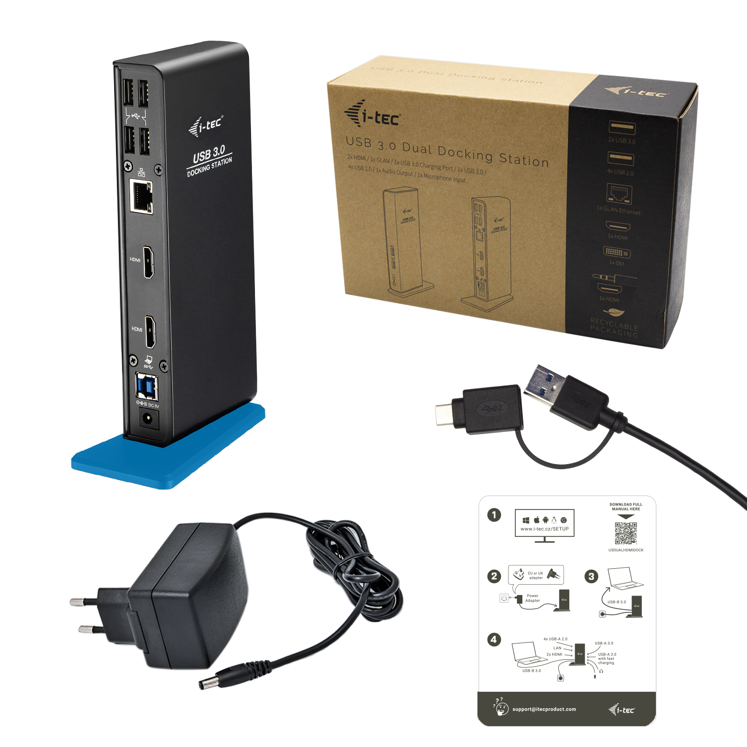 USB-Dockingstation mit verschiedenen Anschlüssen und einem Karton.