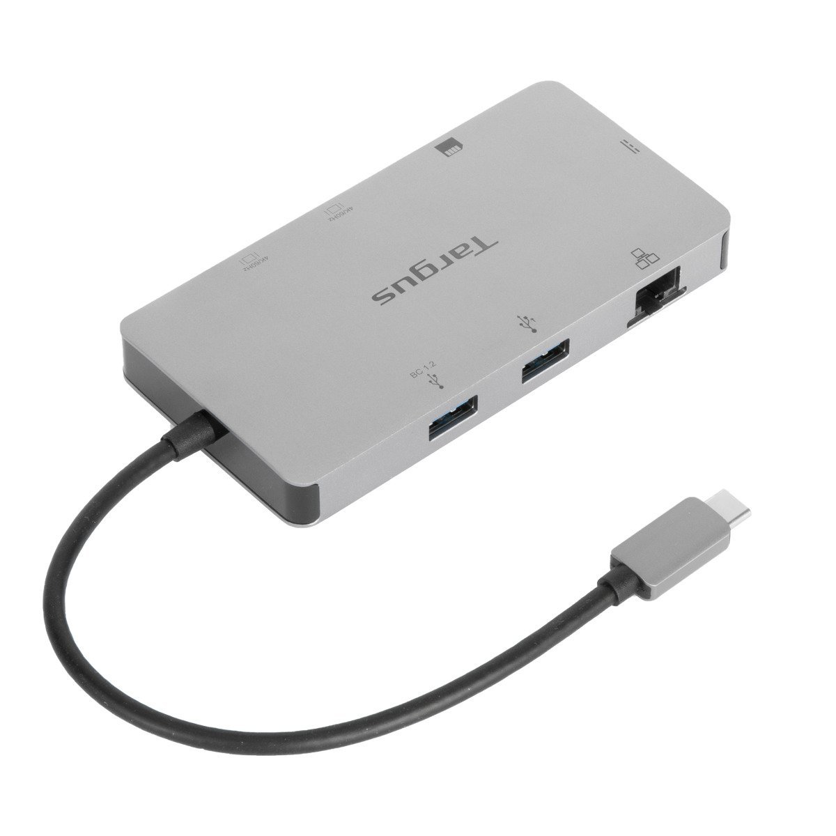 Silberner Targus USB-C-Hub mit mehreren Anschlüssen und schwarzem Kabel, weiß.