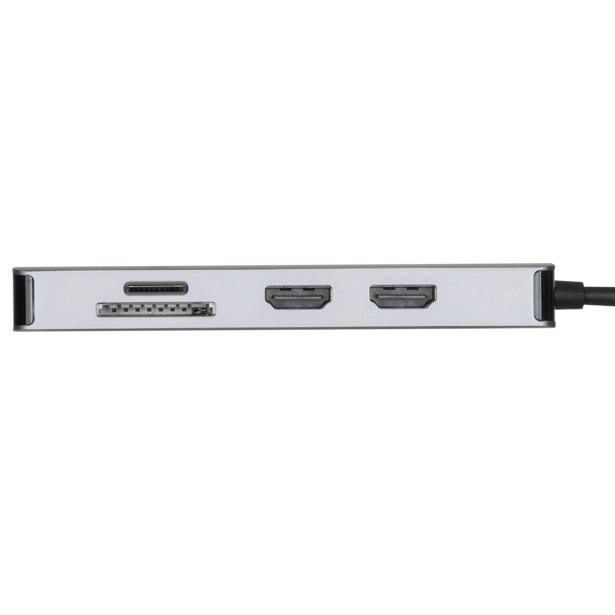 Silberner USB-Hub mit SD-Kartenleser, HDMI-Anschlüssen und schwarzem Kabel.